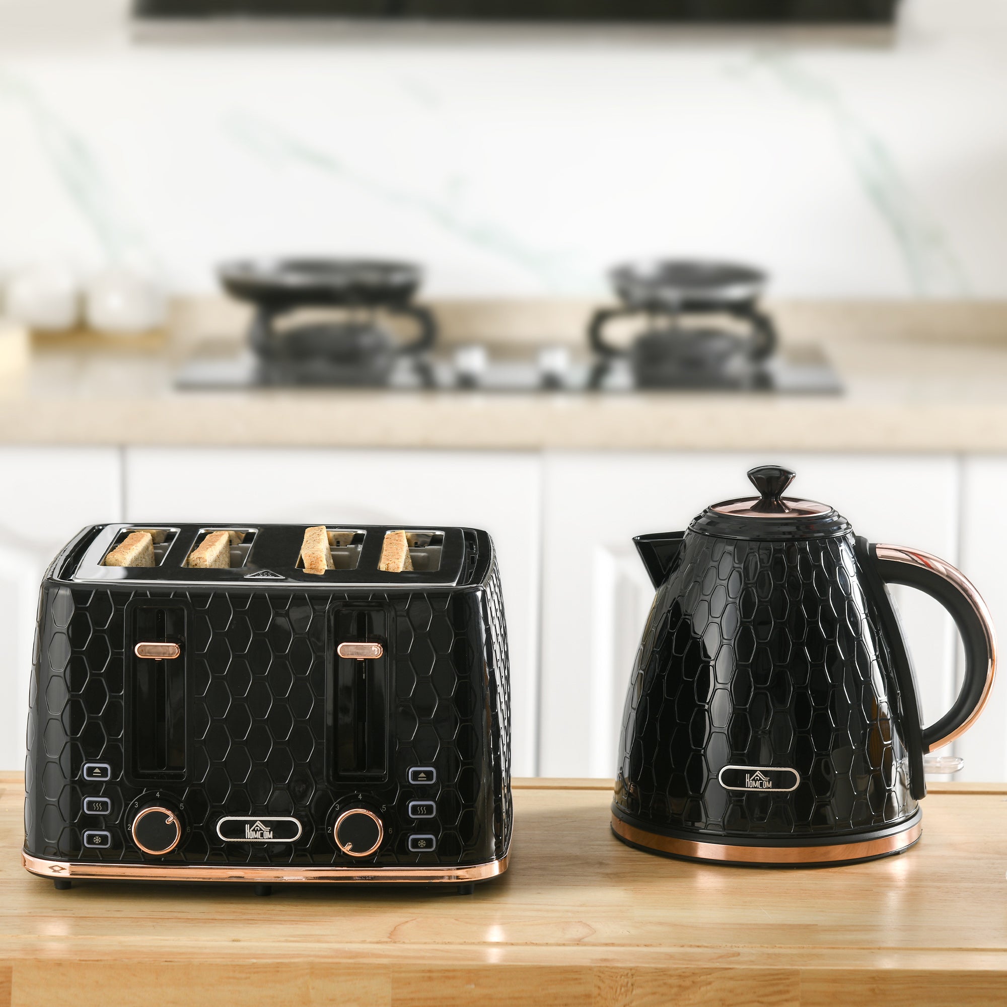 Kettle and Toaster Set, 1.7L 3000W Fast Boil 4 Slice Toaster 7 Browning Controls, Black