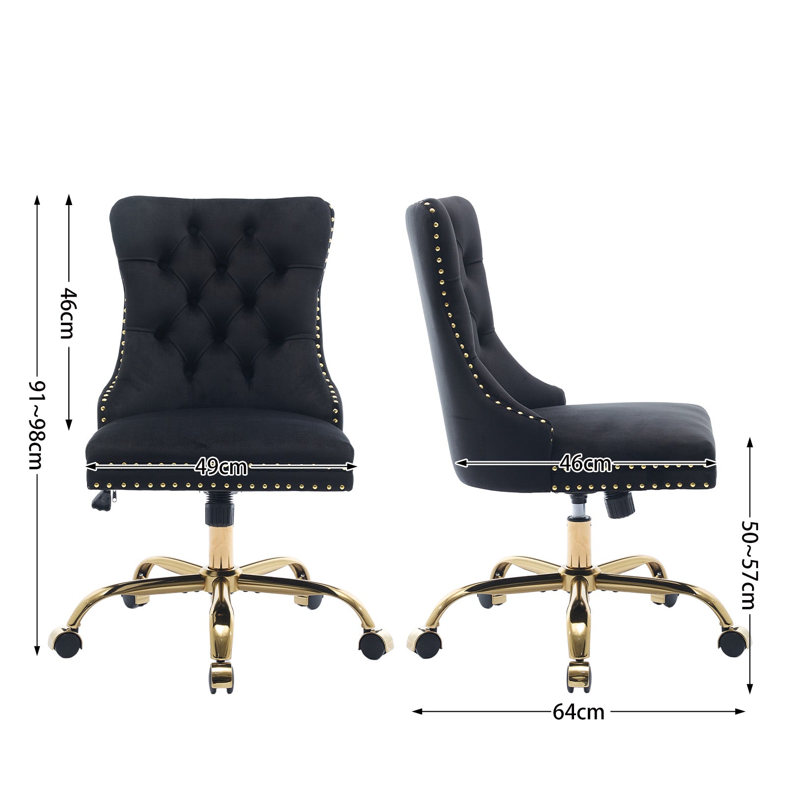 Home Office Chair Velvet Upholstered Tufted Swivel Adjustable Golden Base - Black