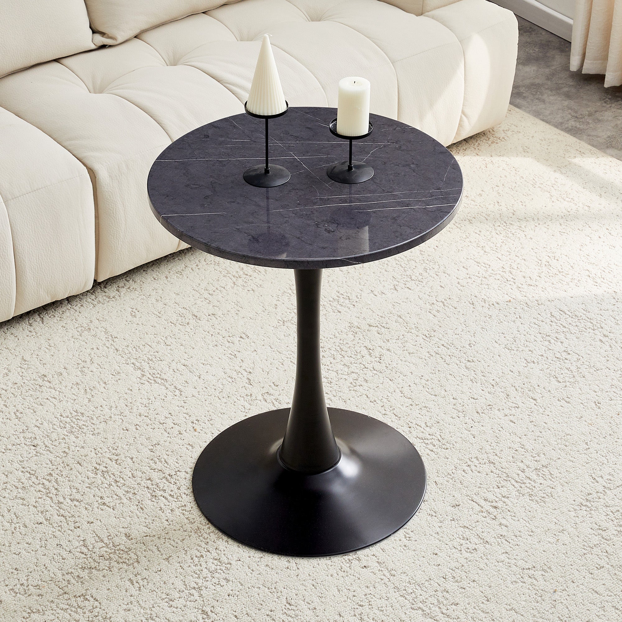 Round Side/Dining Table 60cm Marble Look - Black MDF