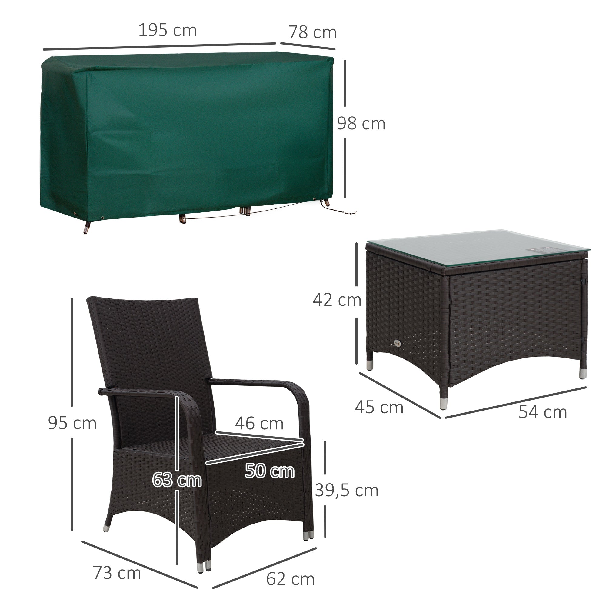 3 Pieces Rattan Bistro Set, Wicker, Glass Coffee Table & 2 Cushioned Chairs, Cream White