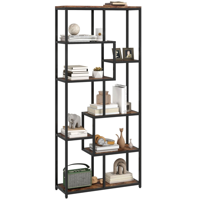 Seven-Tier Geometric Bookcase Asymmetrical Storage Metal Frame, Brown/Black Engineered Wood