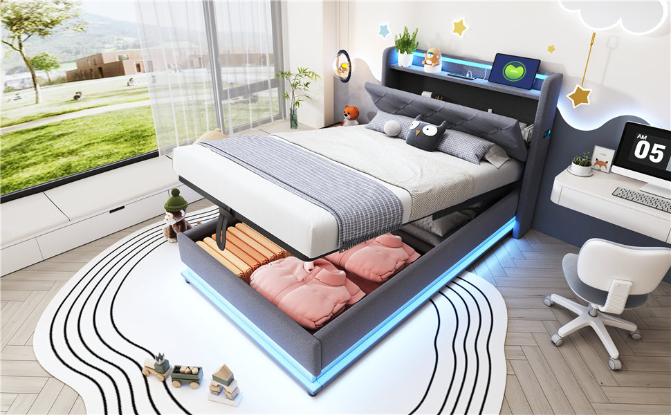 Children's Bed, Upholstered with Lights, USB, Storage, Gray Linen
