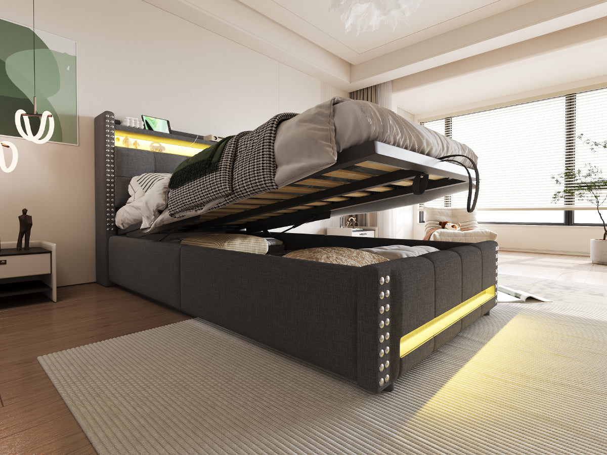 Upholstered Children's Bed 90x200cm, LED & USB, Storage Headboard, Grey Linen