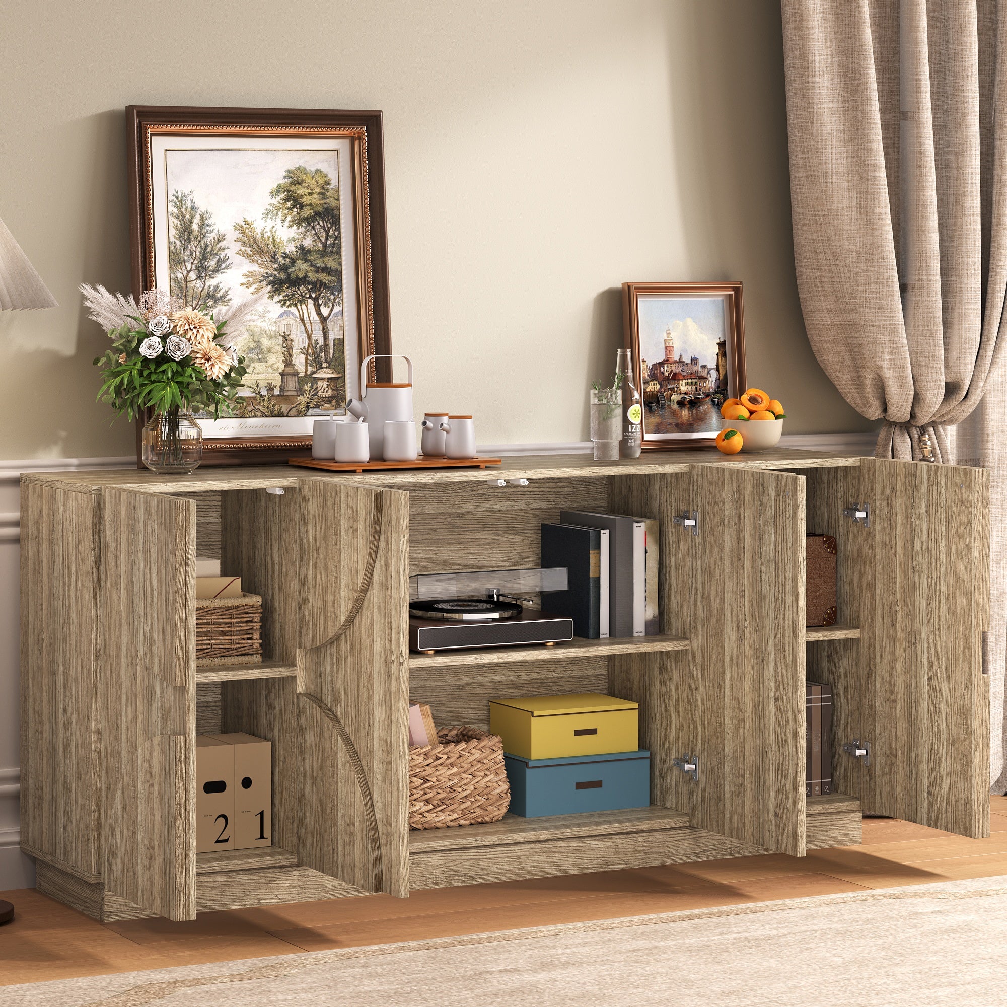 Sideboard with Shelves, Rebounder, Natural Wood