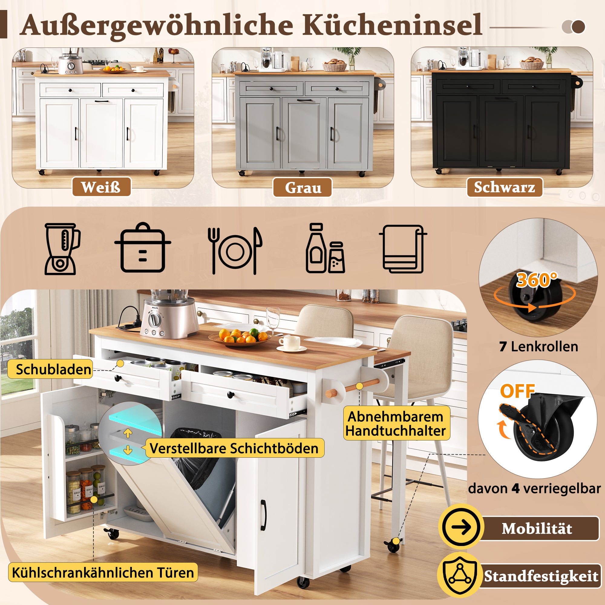 Kitchen Island Extendable Worktop Power Strips Waste Bin - White