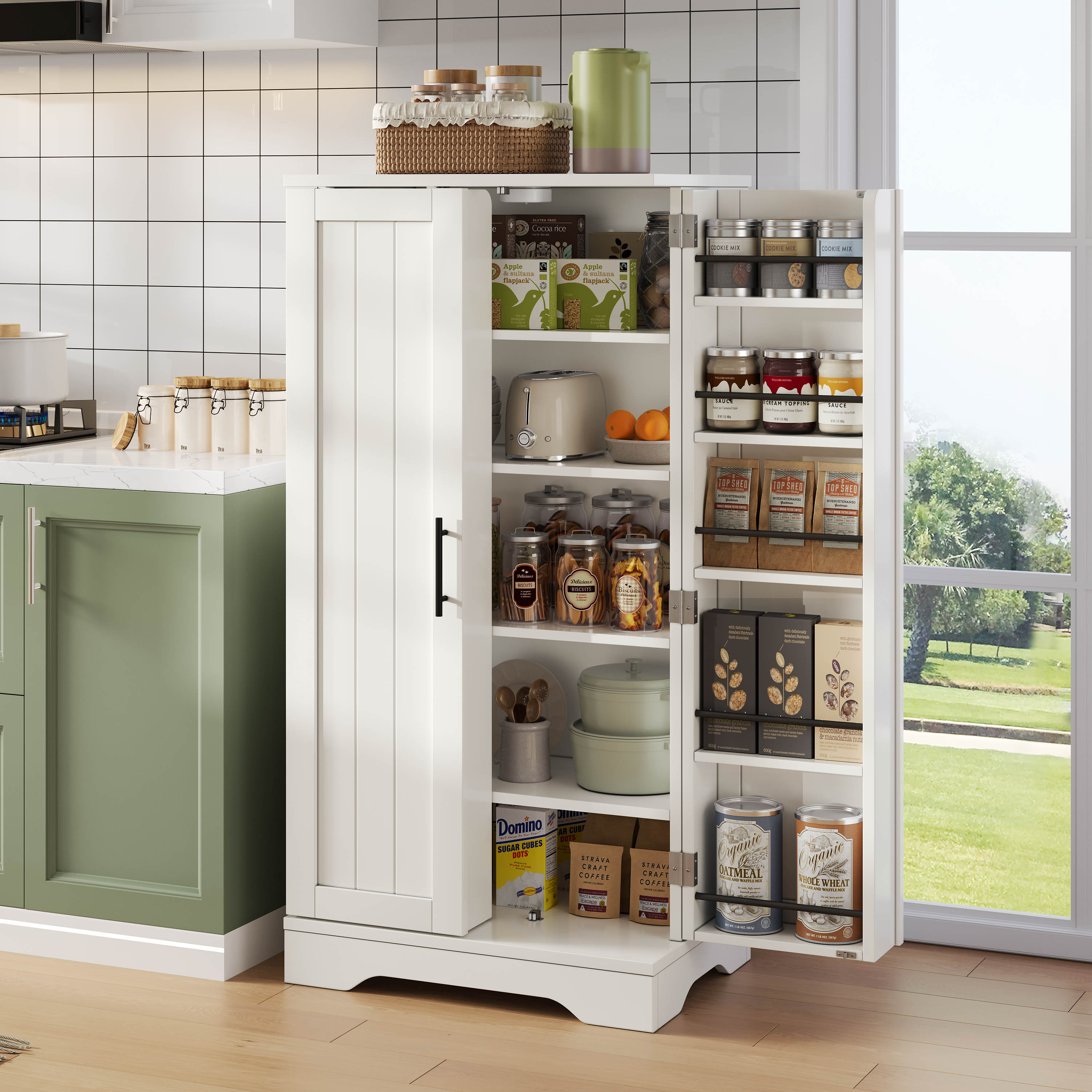 Kitchen Cabinet with LED Sensor Light and Adjustable Shelves, White