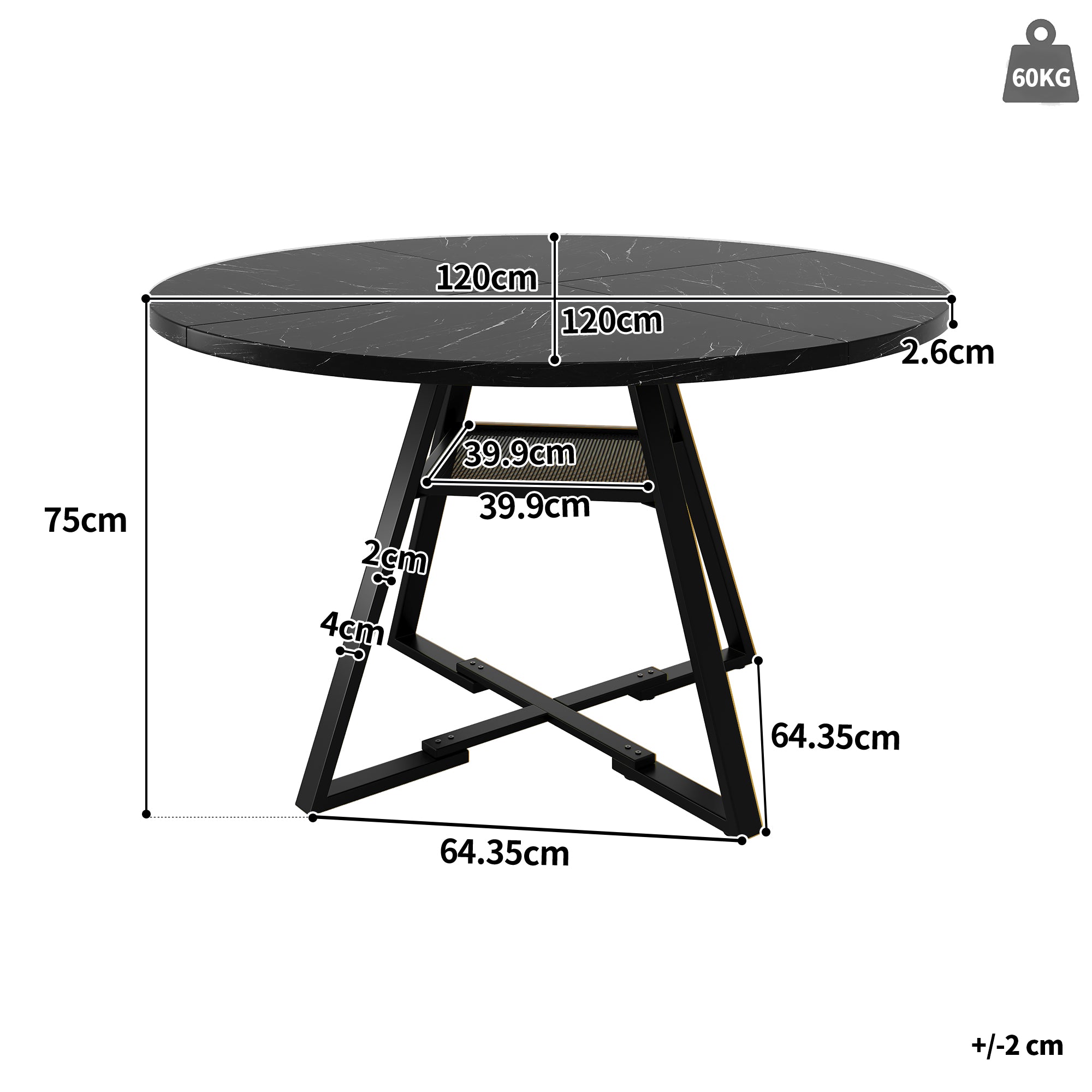 Round Dining Table Metal Legs Marble Look - Black/White