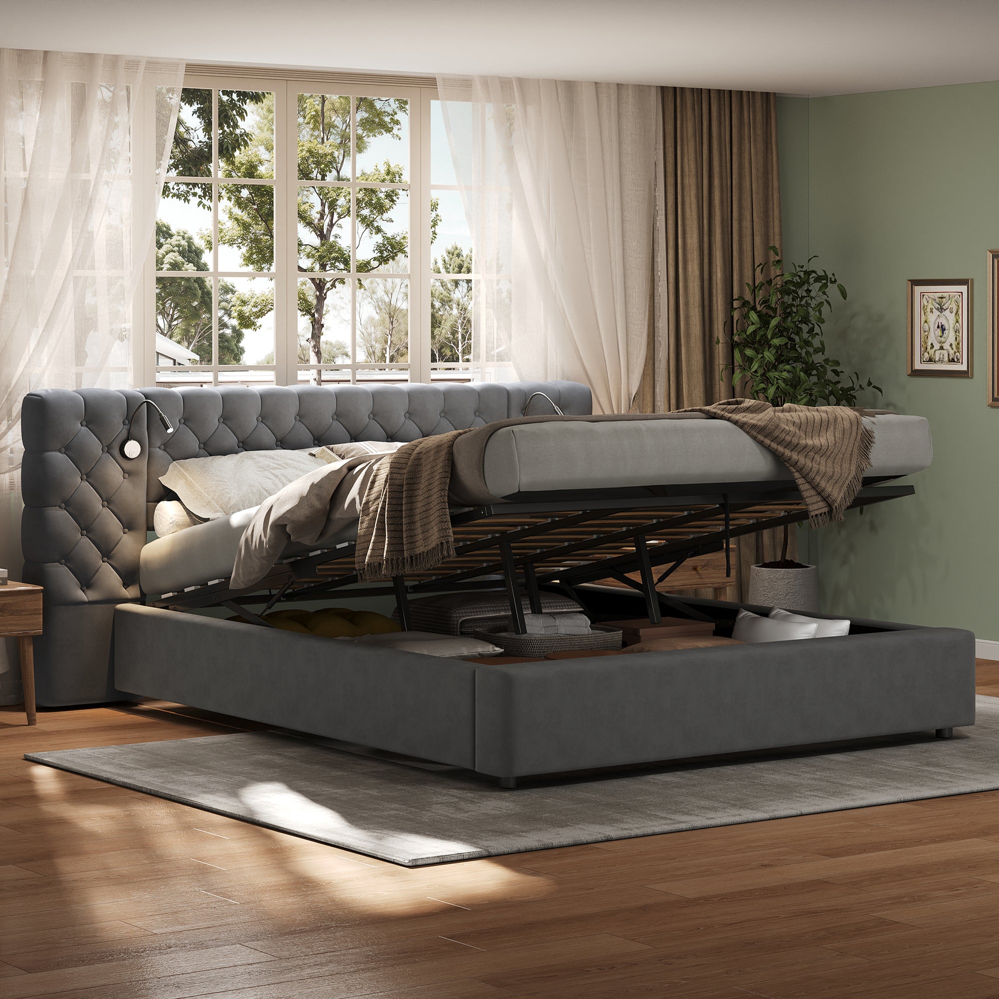 Upholstered Bed, Super King Size 6ft Hydraulic Storage Bed with Reading Light and Wide Headboard, Velvet, Grey