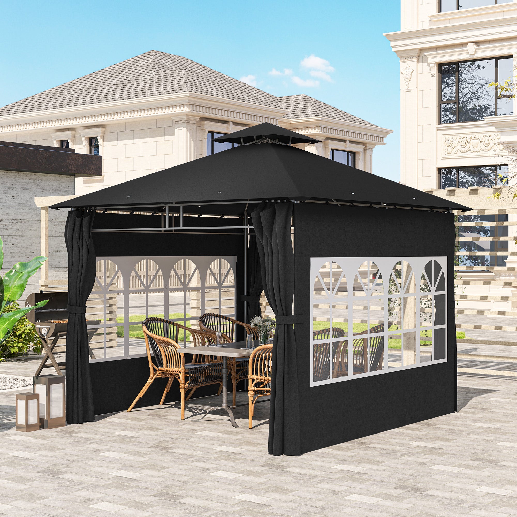 3 x 3 m Garden Gazebo, Double Roof with Removable Sidewalls and Church Windows, Black