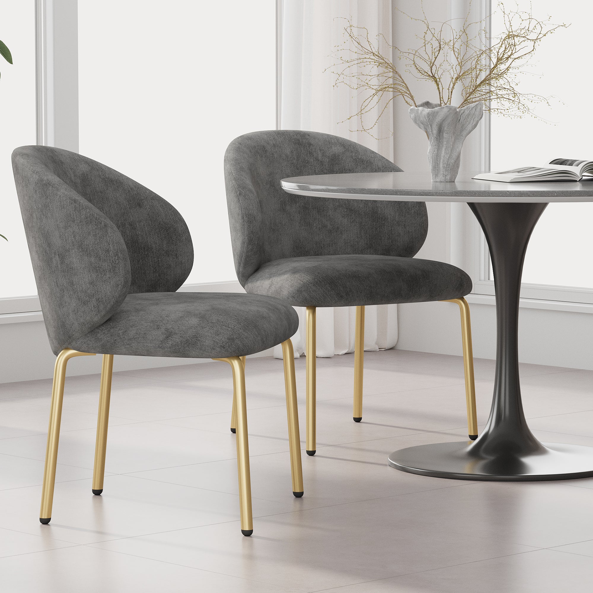 Dining Chairs and Lounge Chairs with Gold Legs, Set of 2, Grey Chenille