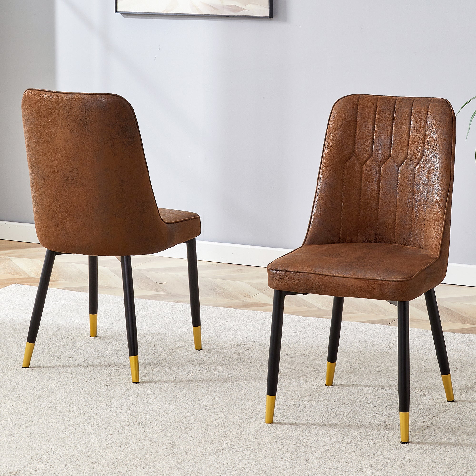 Set of 2 Dining Chairs, Modern with Black Metal Legs, Brown Tech Fabric