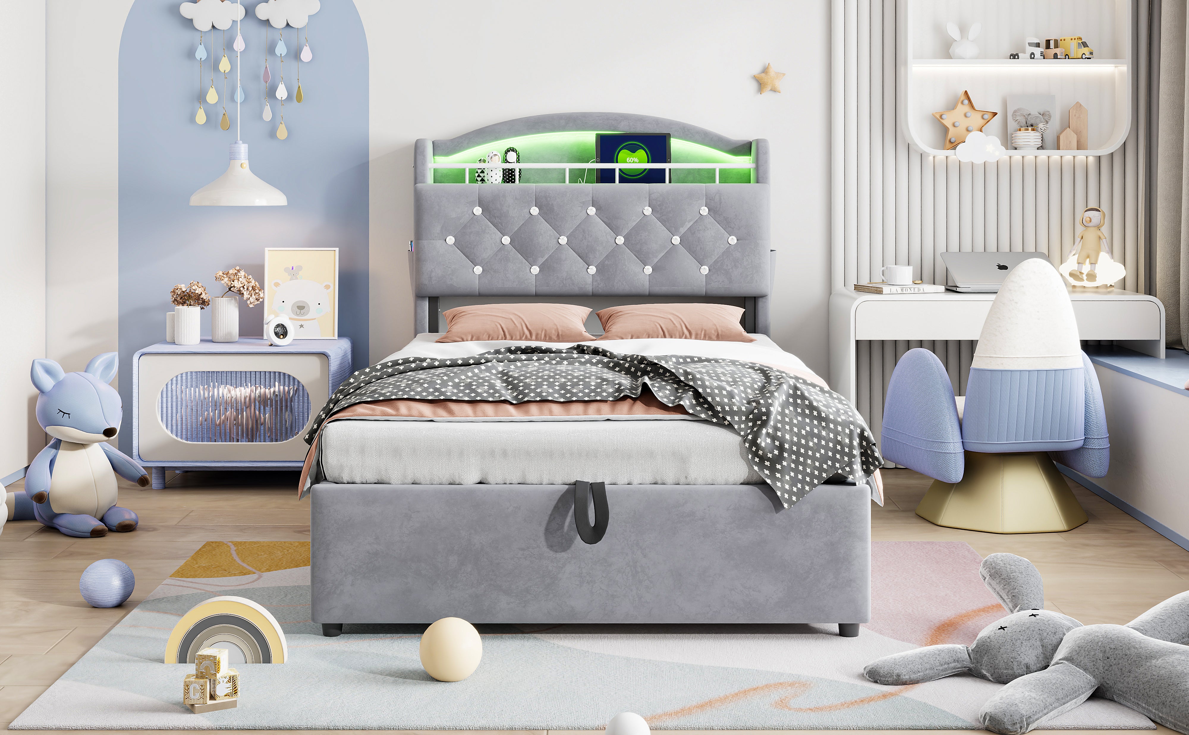 Children's Upholstered Bed, 90x200 Single with Storage, LED & USB, Grey Velvet