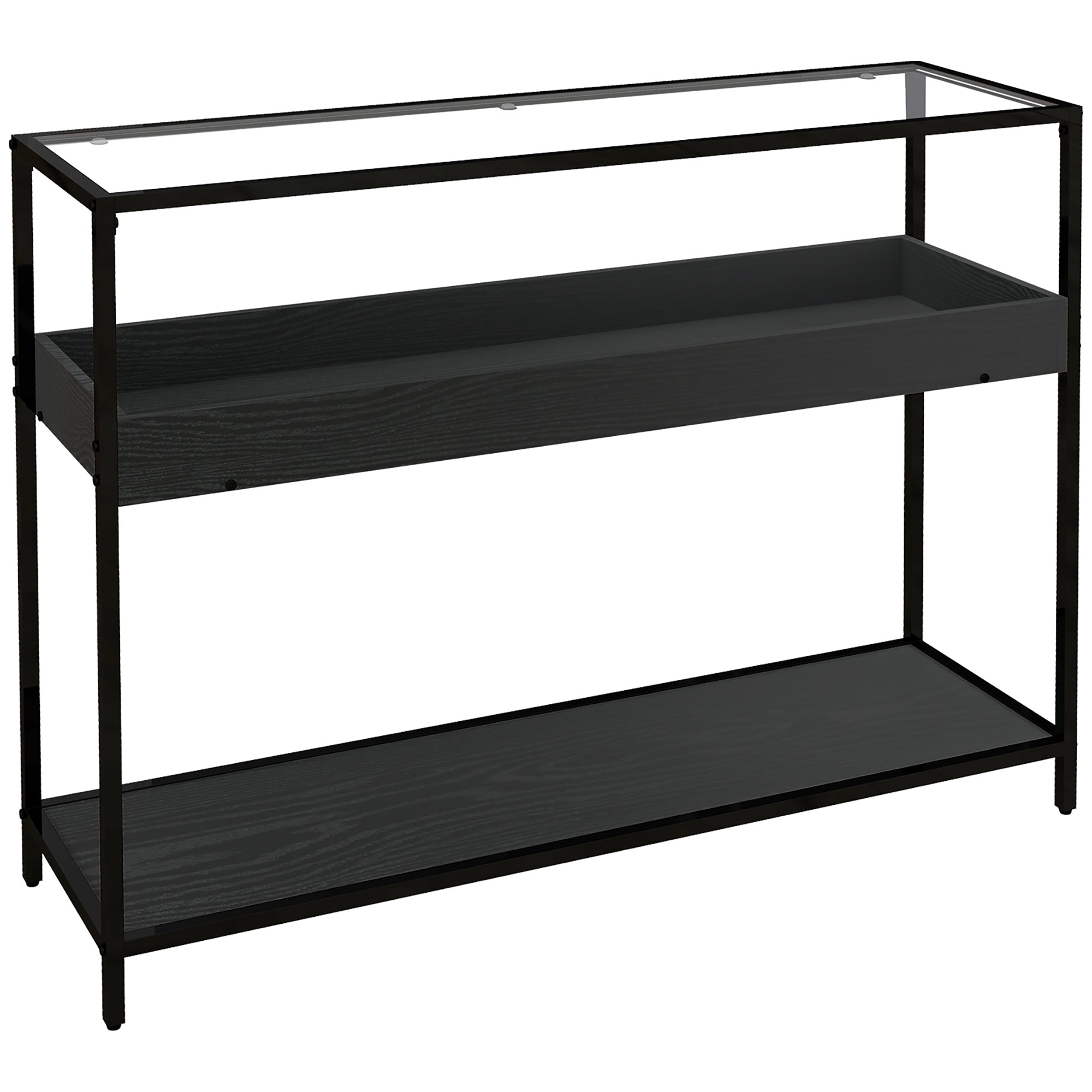Console Table, 2 Shelves Glass Top, Steel Black