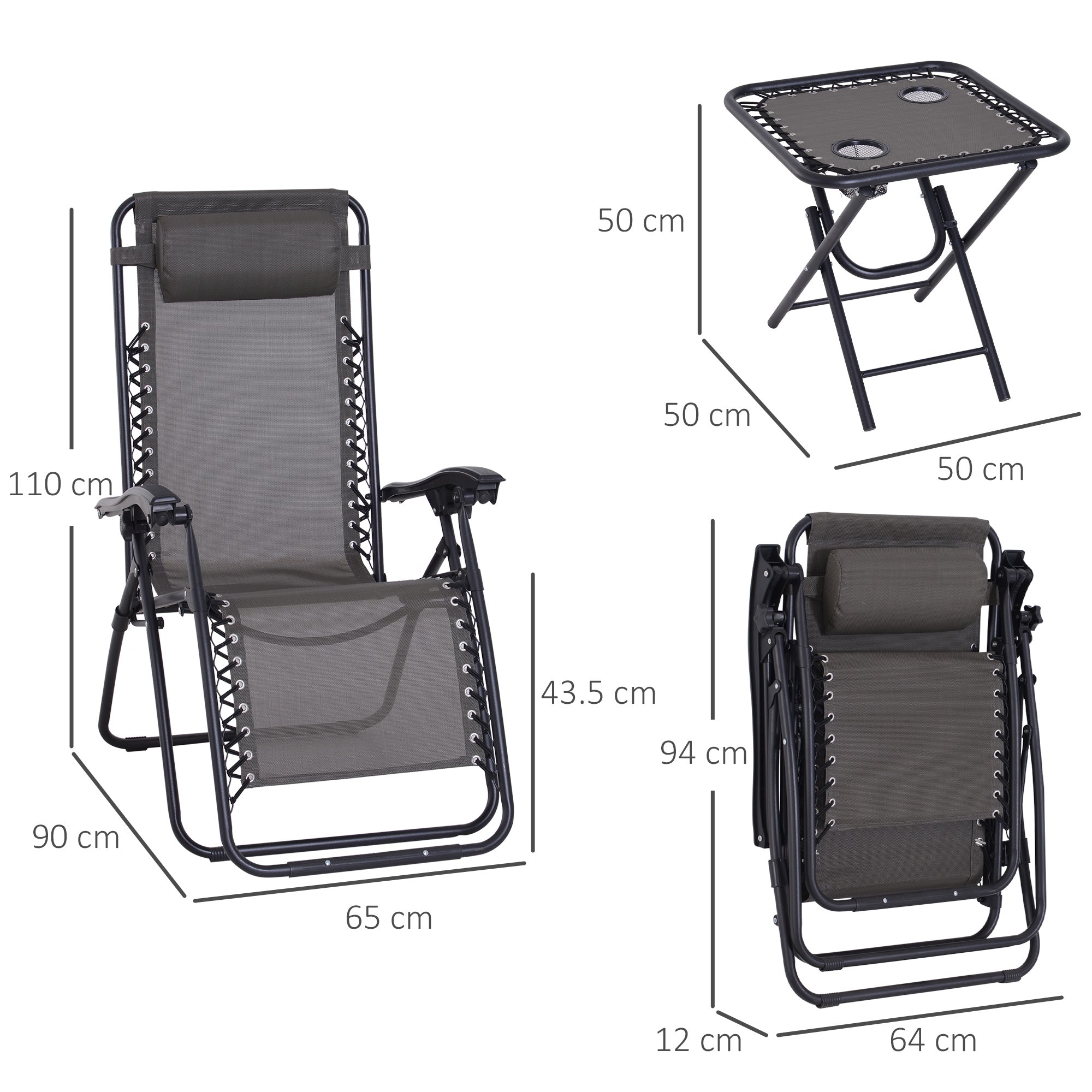 Folding Zero Gravity Chairs with Cup Holders, Reclining, Dark Grey
