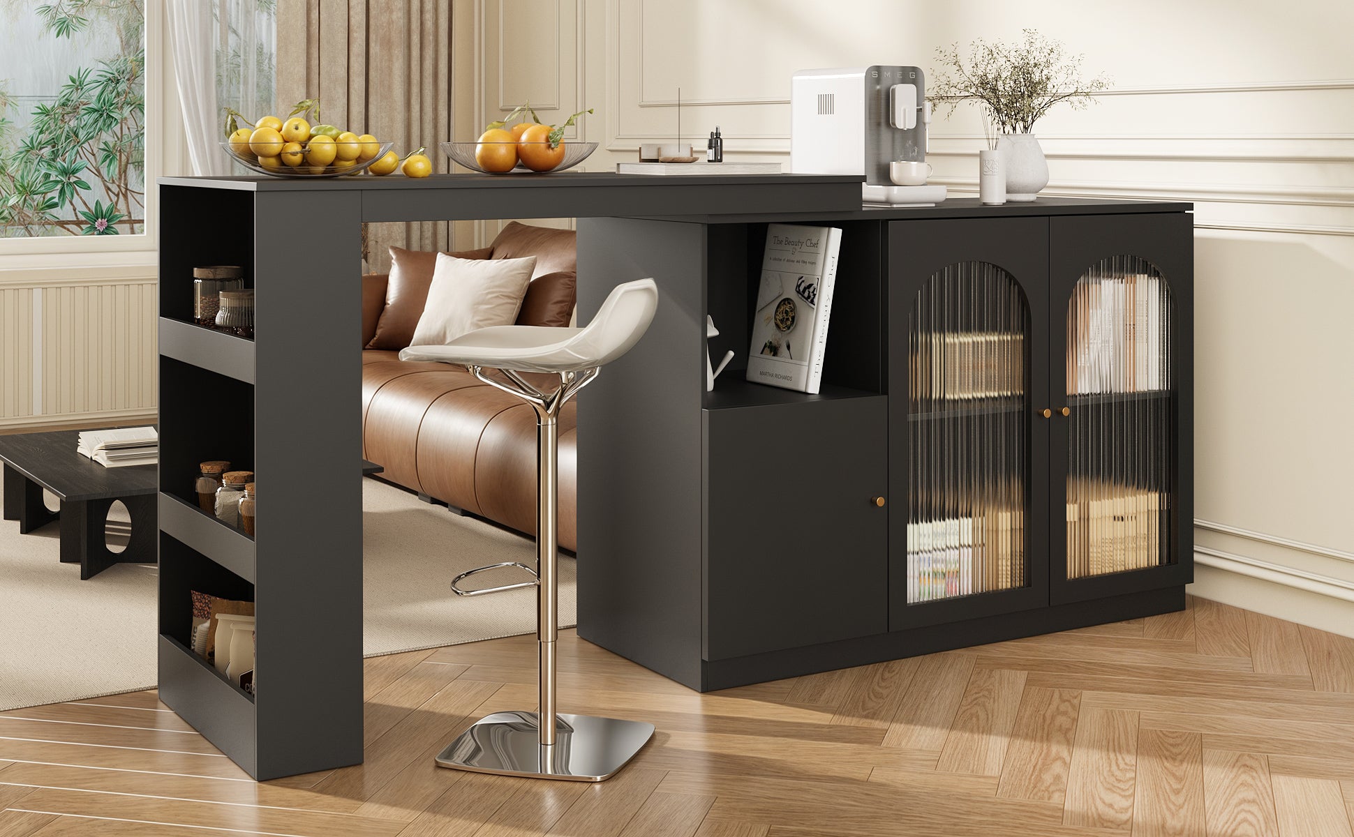 Bar Table, 360° Rotating Dining & Storage with Glass Door, Black