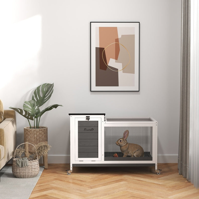 Rabbit Hutch, Free-Range Enclosure with Wheels, Folding Roof, Wooden Dark Grey