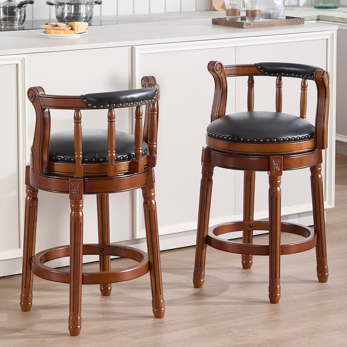Cow Top Leather Wooden Bar Stools, 360 Degree Swivel with Backs, Bar/Counter Height, Leather
