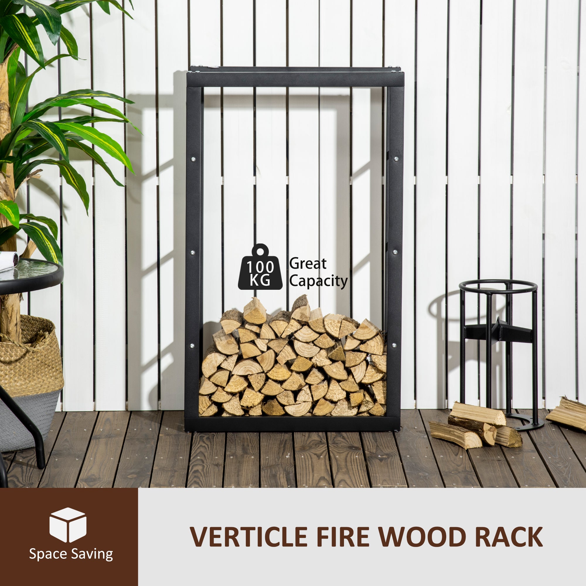 Metal Firewood Log Holder, Indoor Outdoor Fireplace Wood Storage Shelf with Side Rails, Rust-Resistant, Black