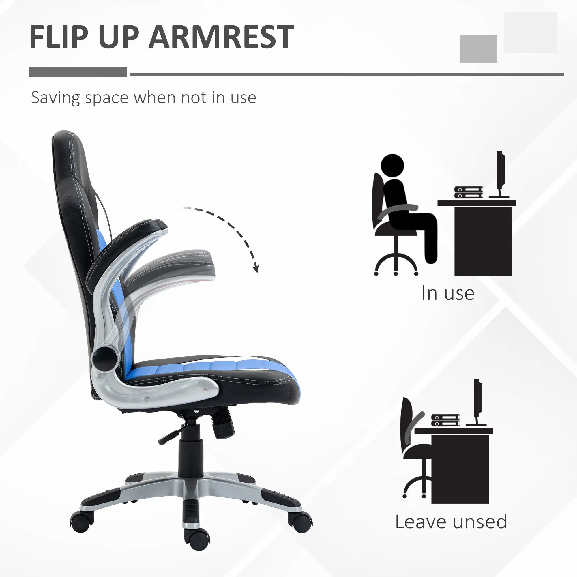 Computer Gaming Chair Swivel with Flip-up Armrest, Adjustable Height, PU Leather Blue