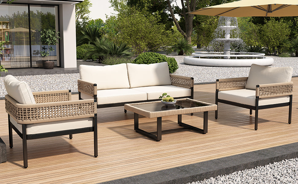 Garden Lounge Set 4-Piece Rope Set Galvanized Frame Glass Top with Cushions - Beige