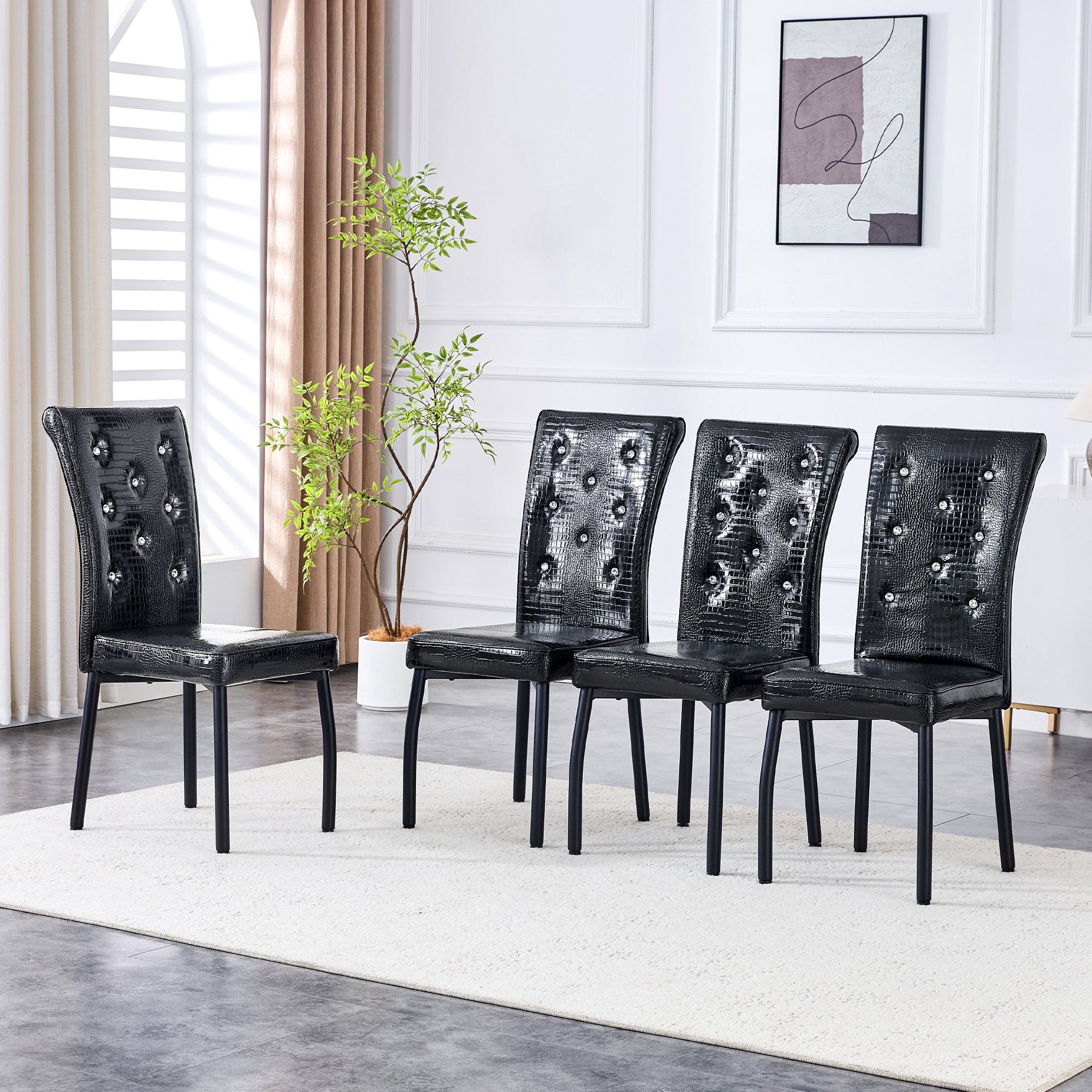 2 Dining Chairs Vintage Crocodile Faux Leather Crystal Clasp - Black