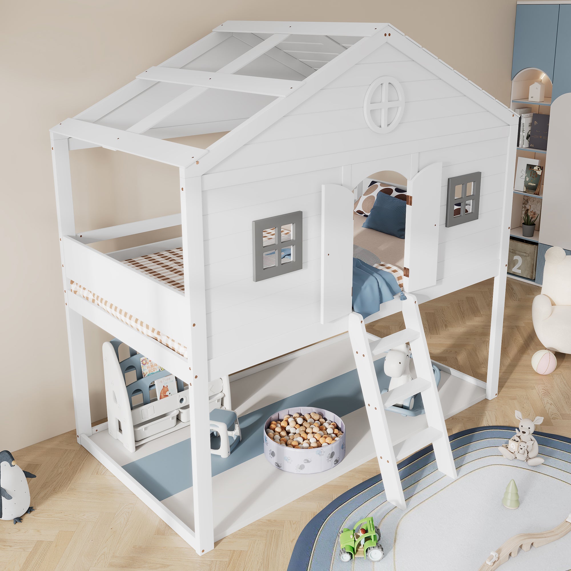 House Bed, Stairs, Safety Rail & Gate, Pine & MDF, White & Grey