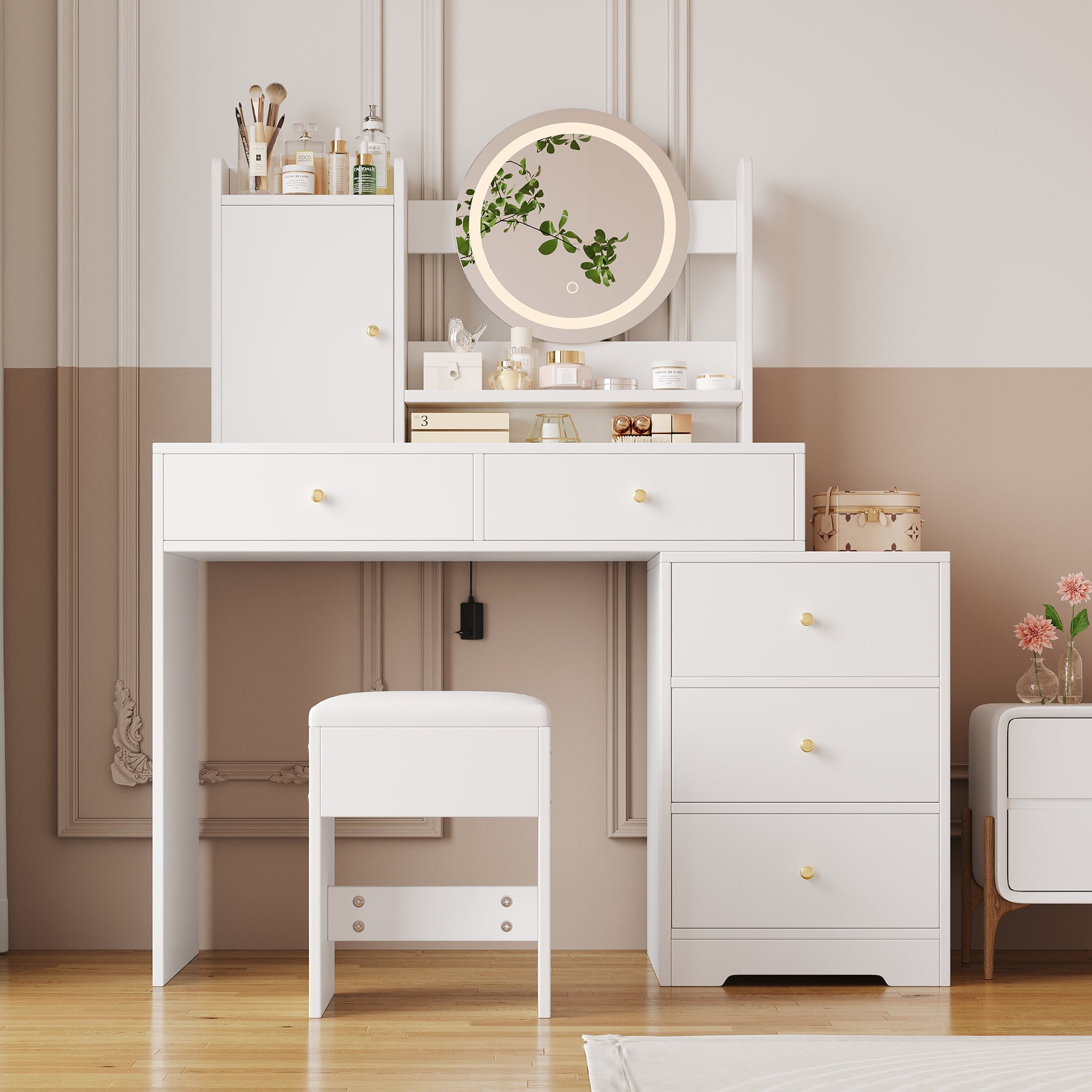 Dressing Table with Dimmable LED Lighting, Integrated Outlets, Mirror, Stool, 5 Drawers, Door Compartment, White