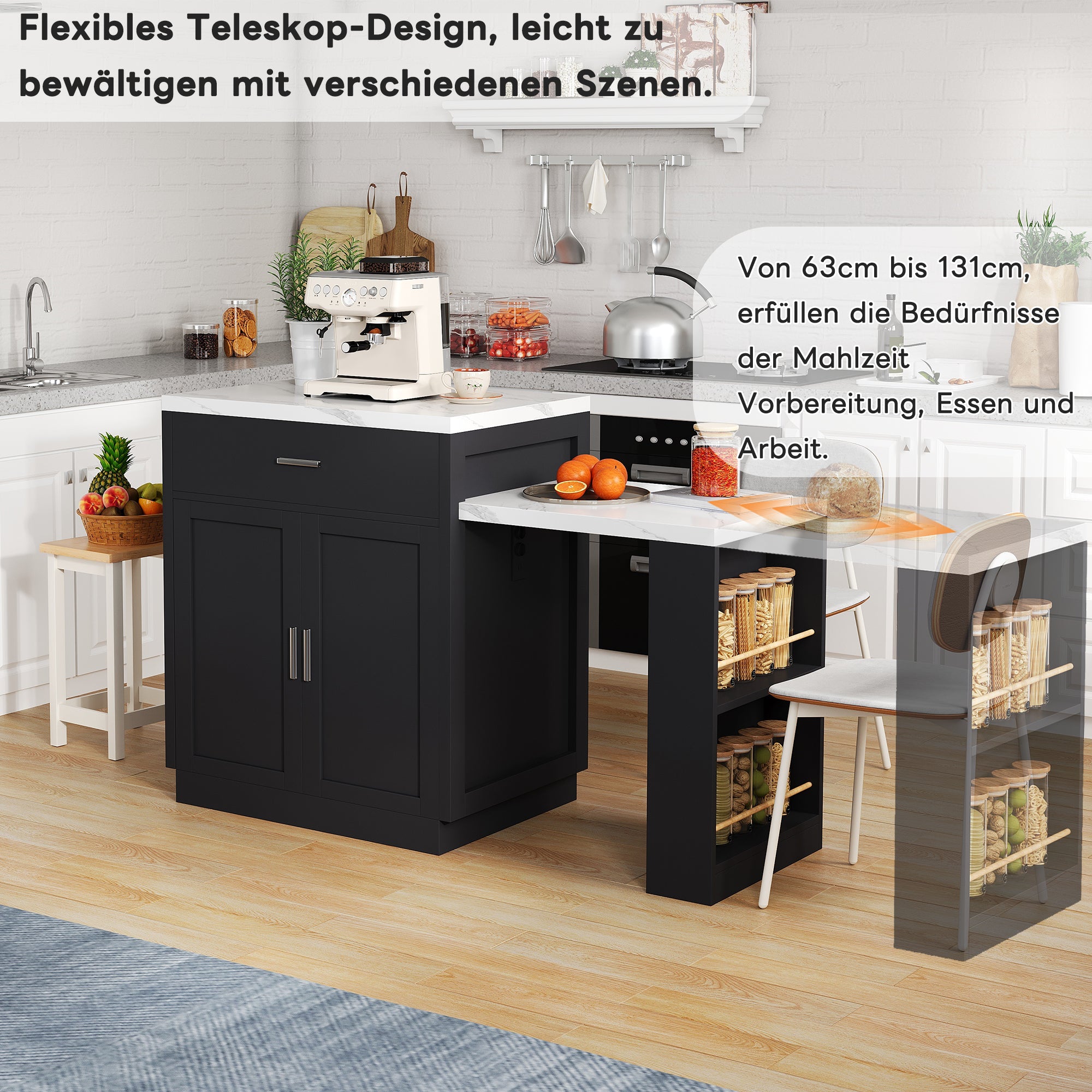 Kitchen Island with Extendable Dining Table for 4-6 People, Power Outlet and Storage Drawers, Black and White Marble Look