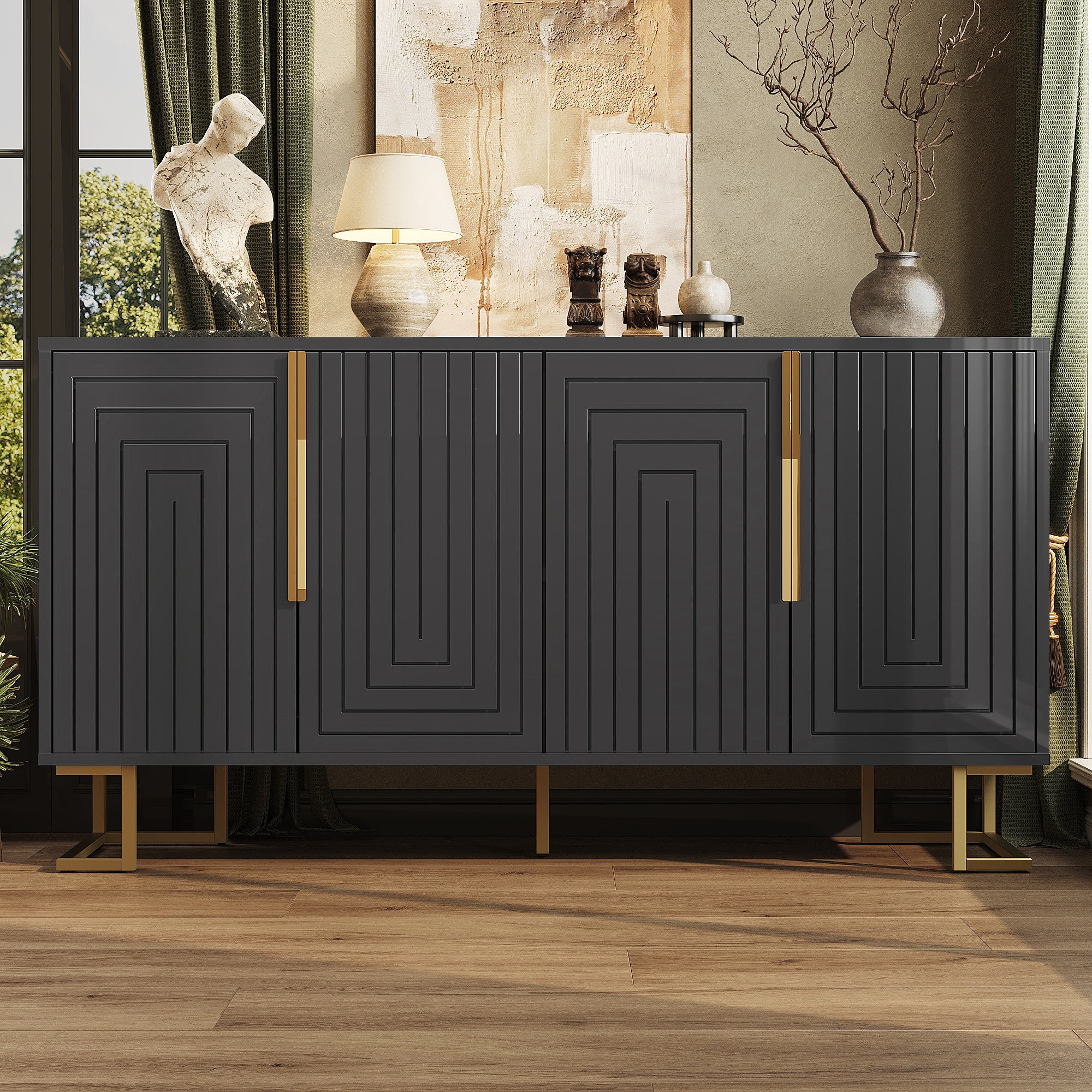 Sideboard with Geometric Design and Gold Accents, 152 x 40 x 75 cm, Black