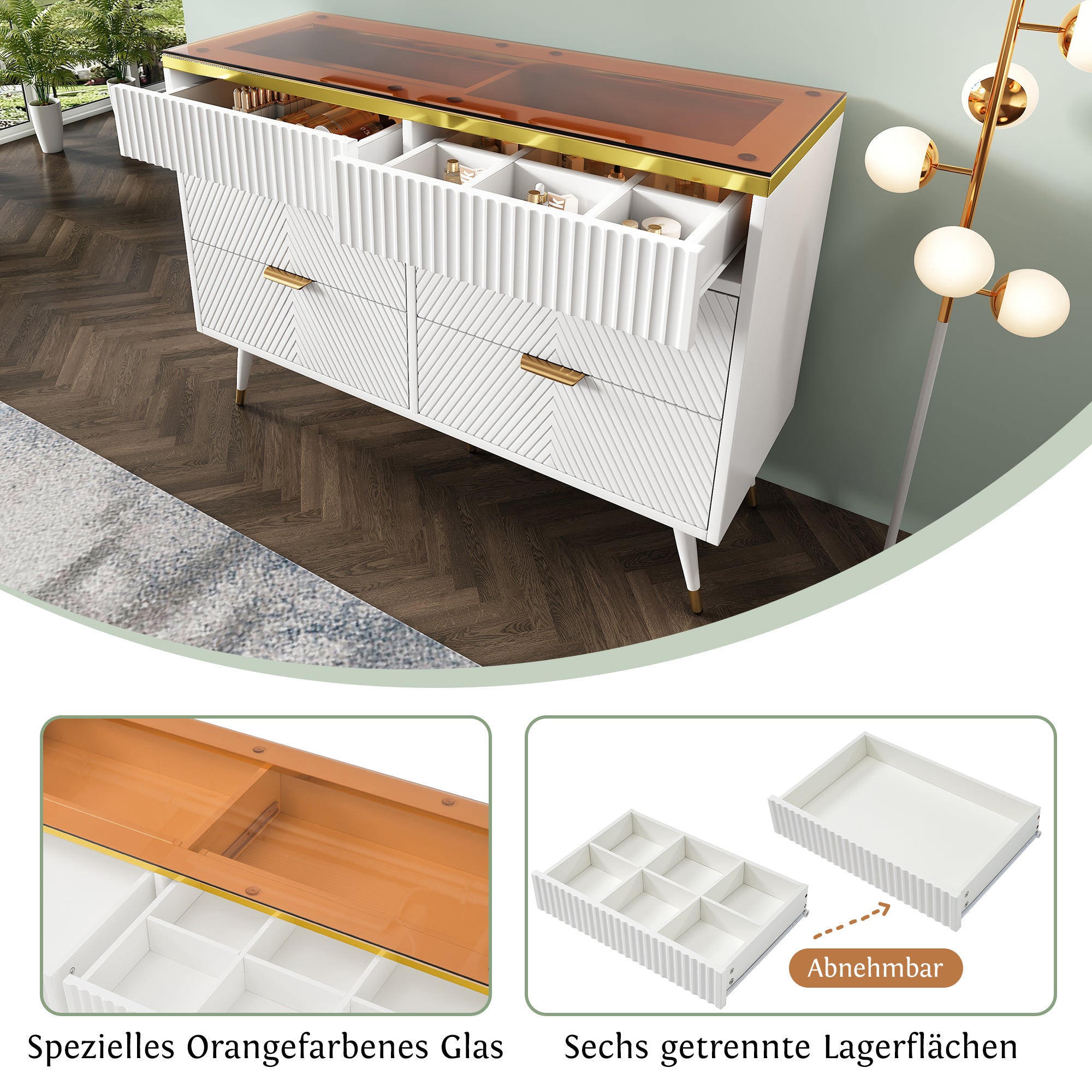 Sideboard, 6-Drawer Amber Glass, White