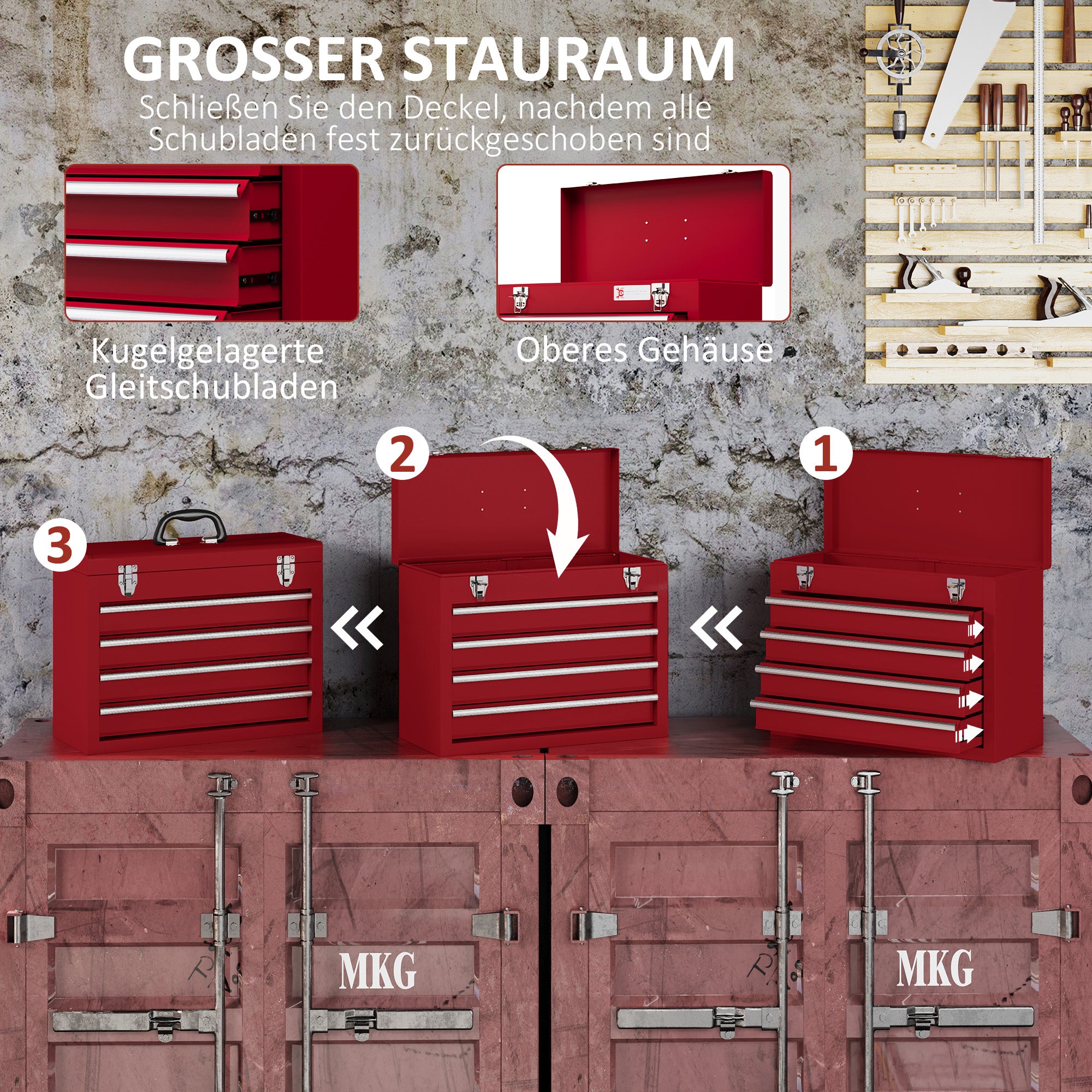 DURHAND Empty Tool Case, 4 Drawers, Top Storage, Lockable, Steel