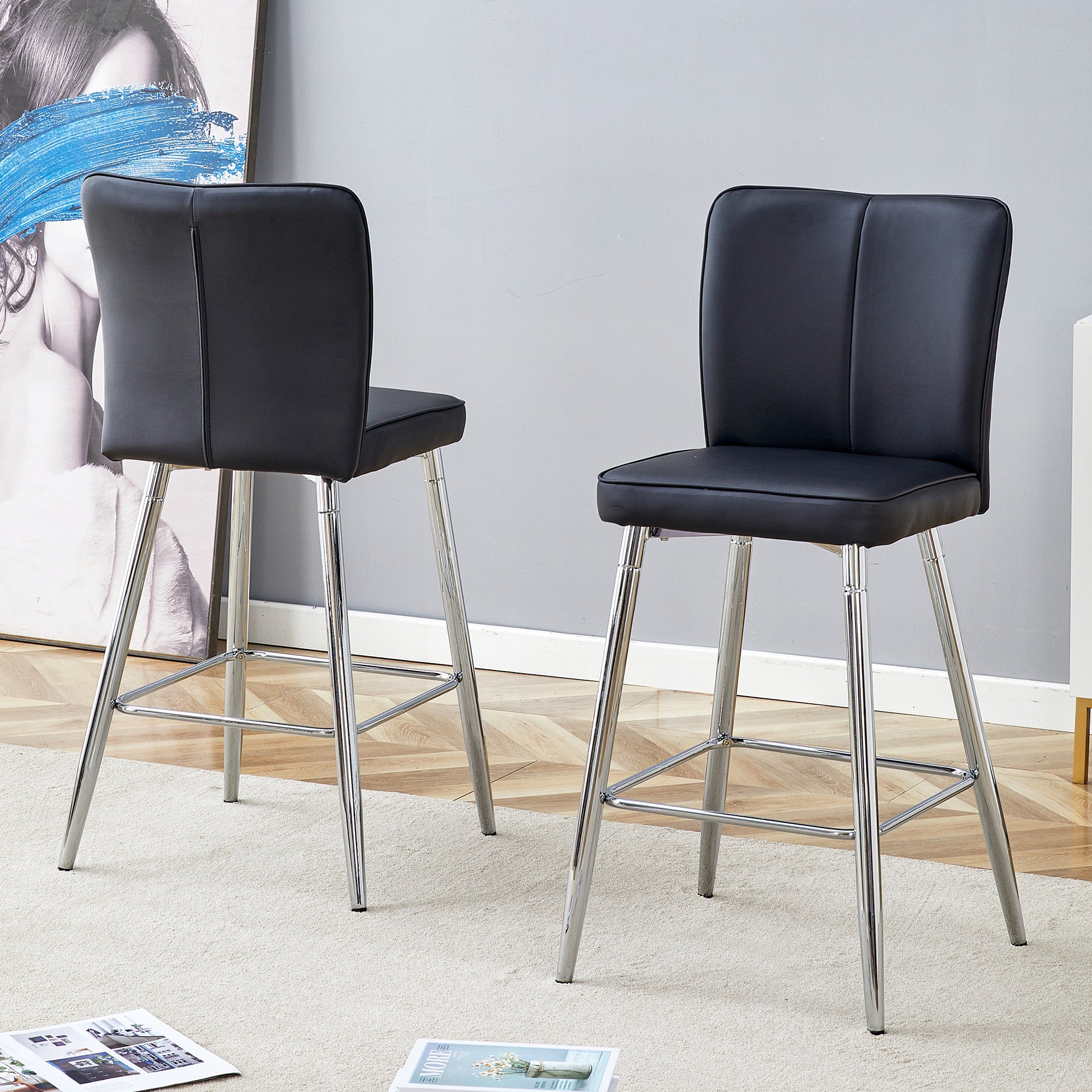 Bar Stool Two-Piece Set, 101cm High Ergonomic Backrest, Comfortable & Stylish, Black PU Material
