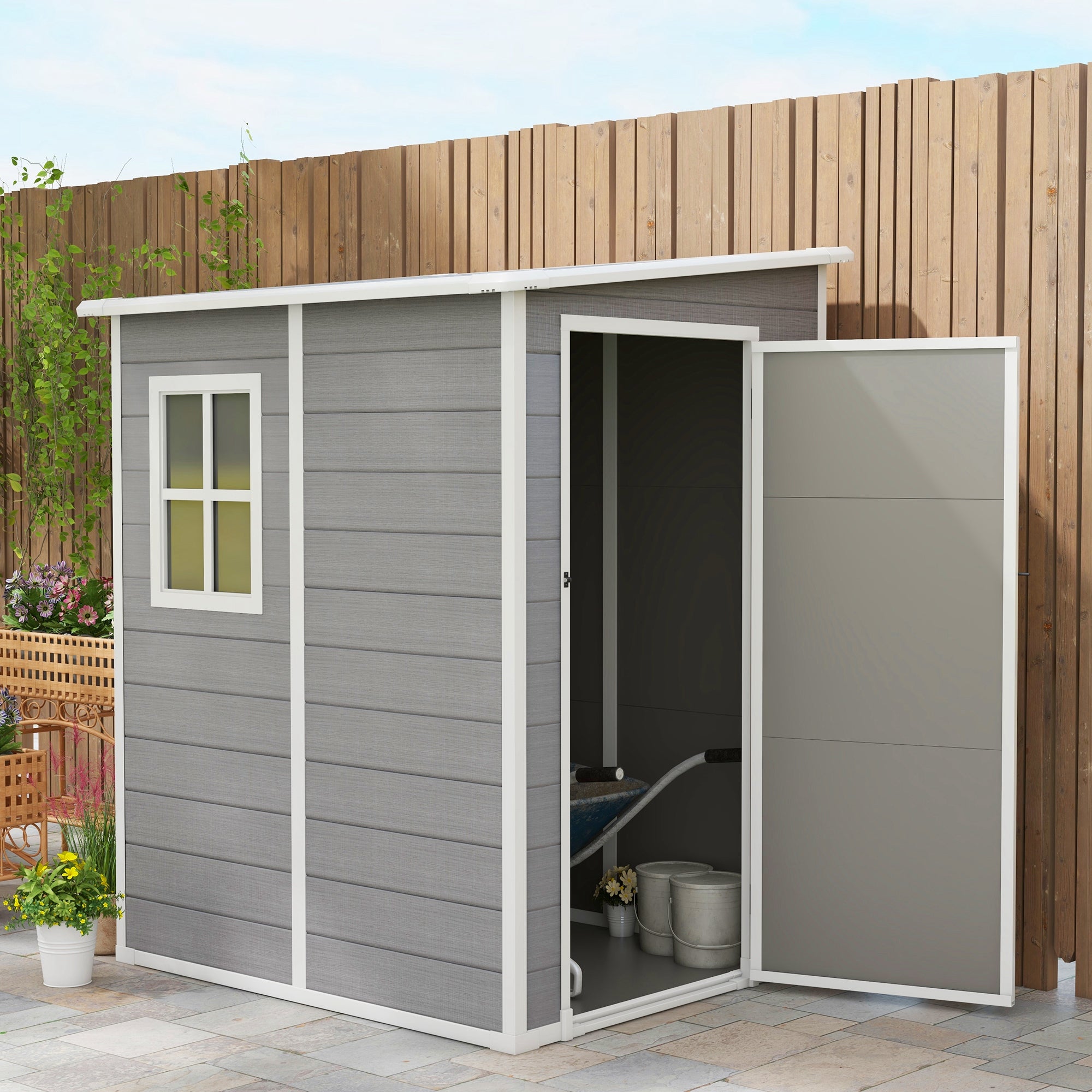 4'x5' Garden Storage Shed with Window, Vent, Plastic Roof, Grey