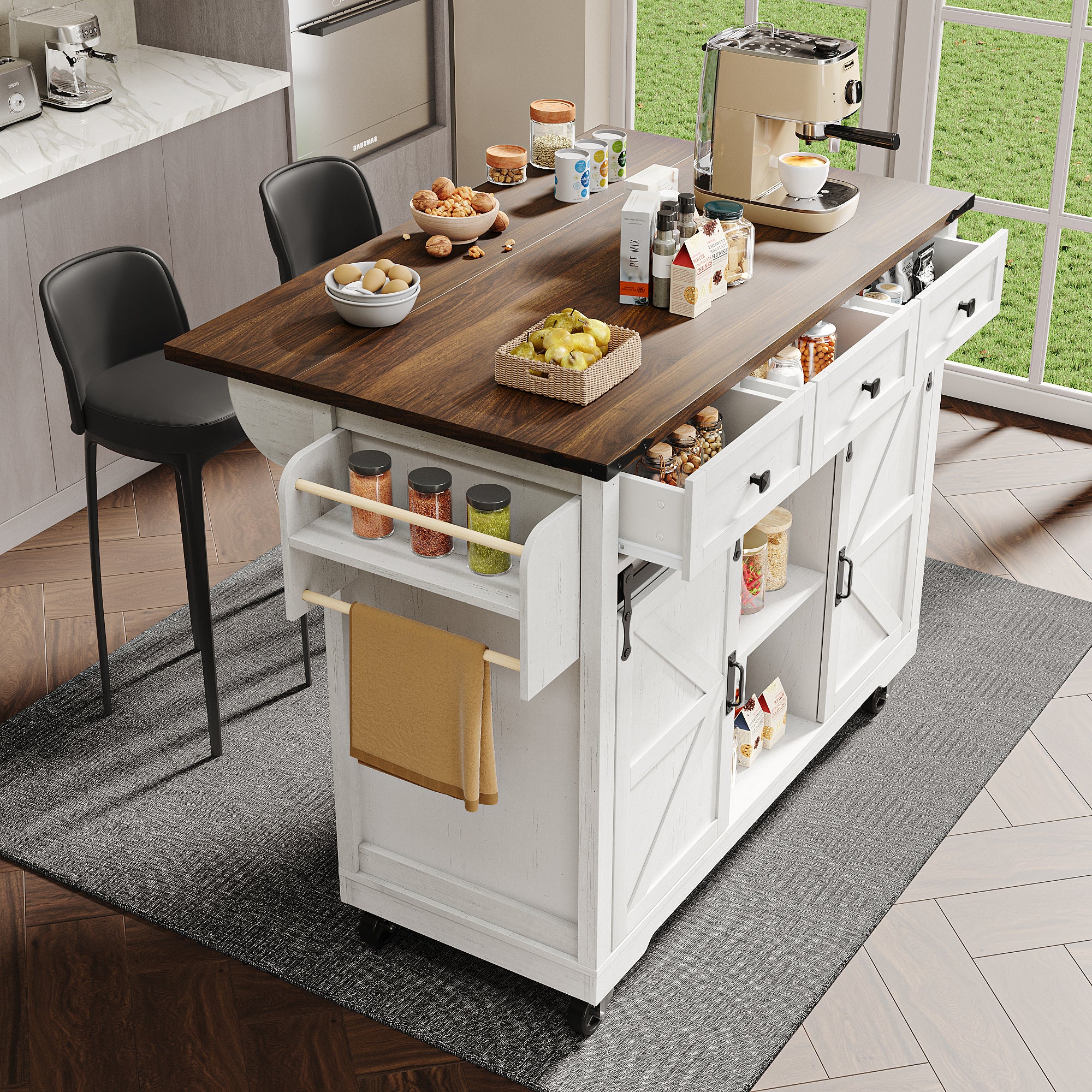 Kitchen Island Mobile Extendable Worktop 2 Sliding Doors 3 Drawers - Wood Grain