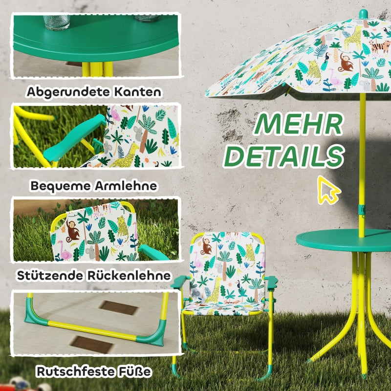 Children's Seating Set 4-piece with Removable Parasol and 2 Folding Chairs Green