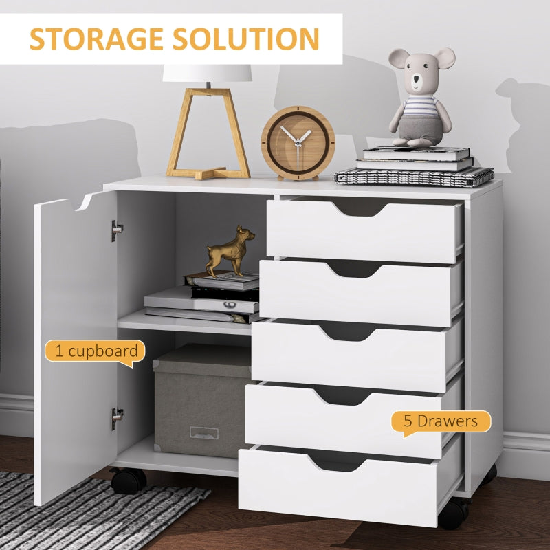 Multi-Storage Mobile Office Cabinet, 5-Drawer Cupboard Adjustable Shelf, White