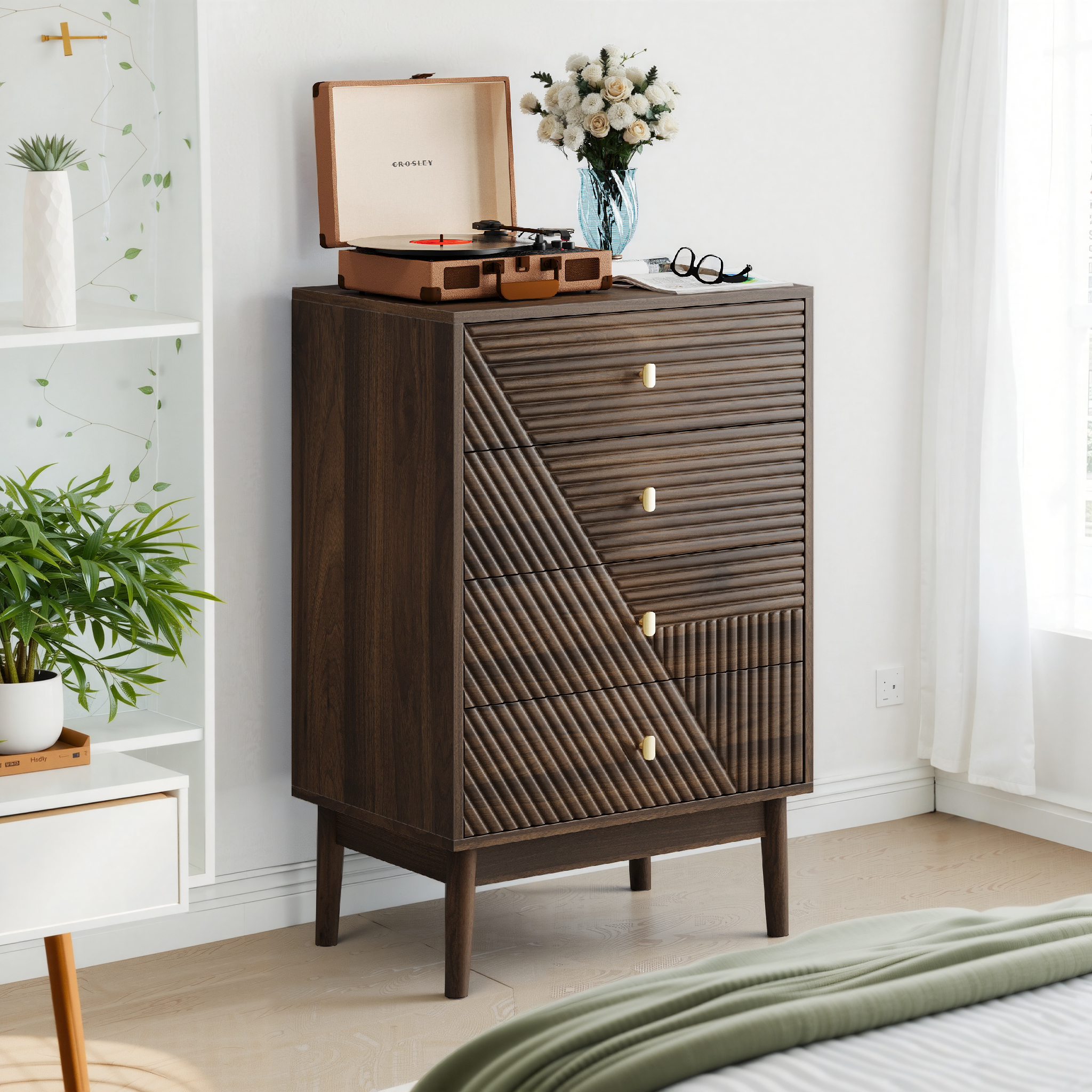 Chest of Drawers Modern 4-Drawer Wooden Storage Cabinet Walnut