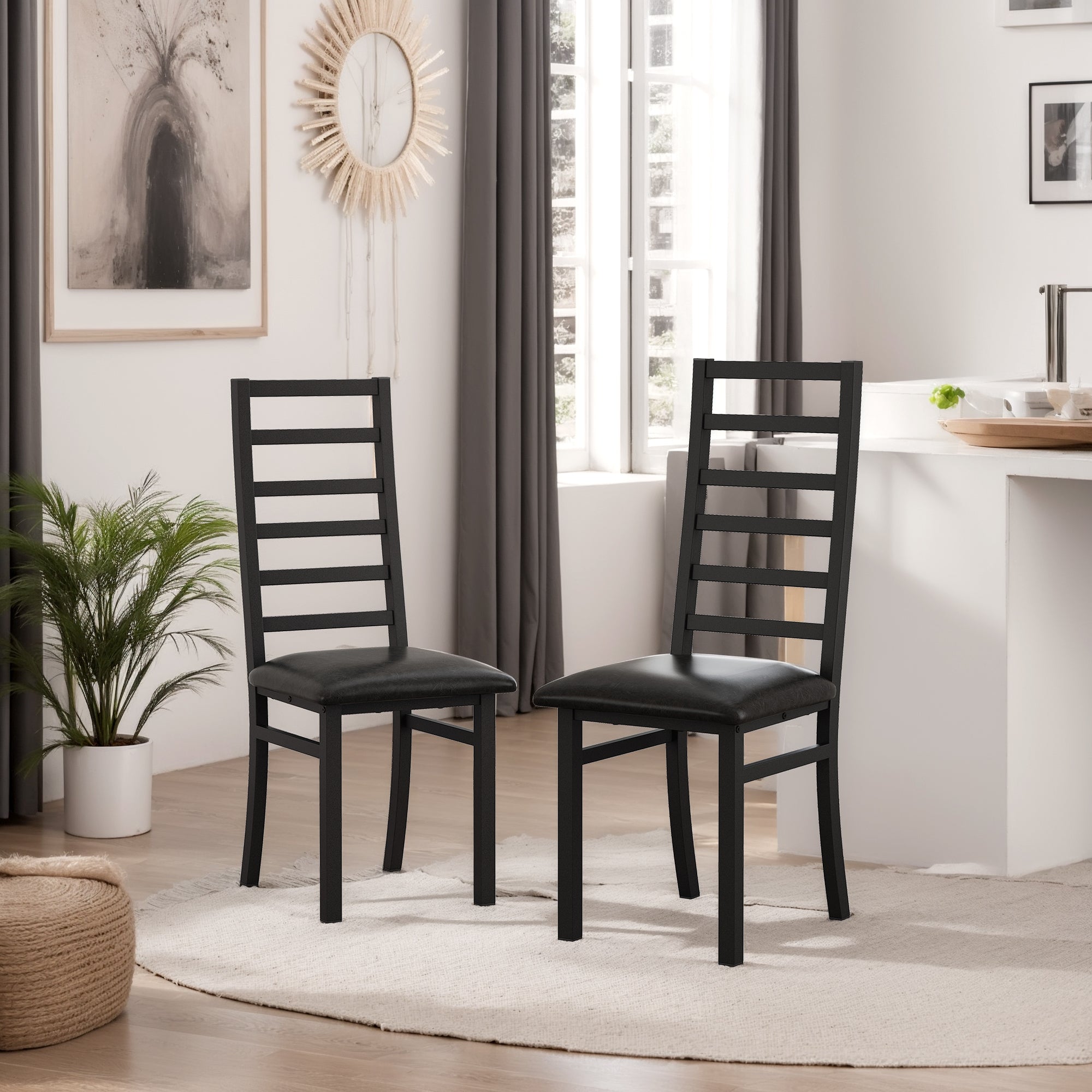 Metal Dining Chairs (2 pcs), High Back Armless, Steel Legs, PU Leather, Black
