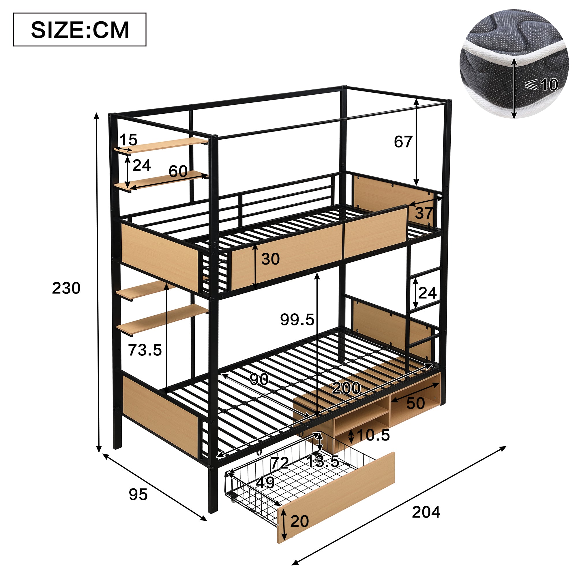 Bunk Bed, Iron & MDF, Double Shelf, Under Bed Storage, Black & Natural