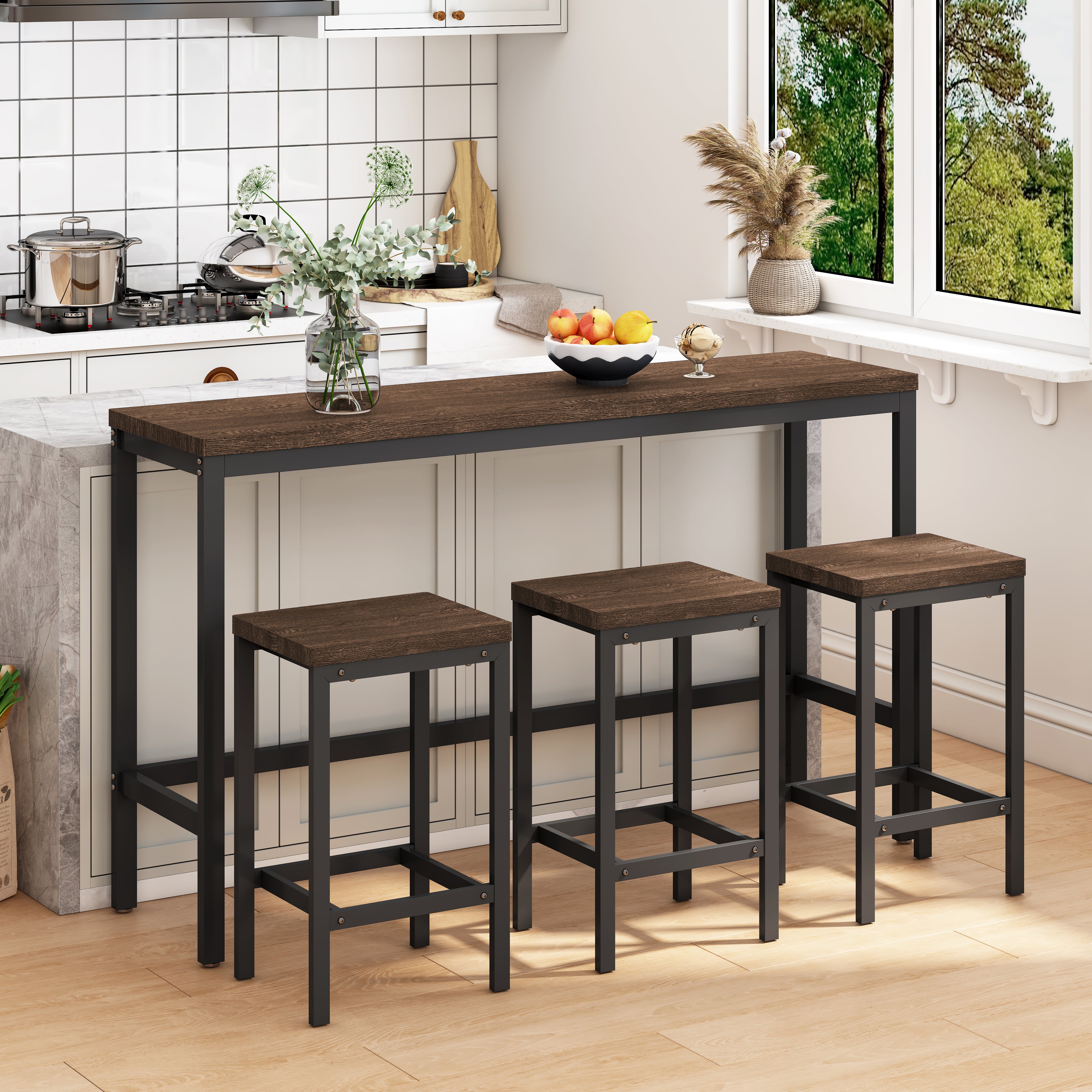 Modern Design Kitchen Dining Table 148CM with 3 Stools, Dark Brown