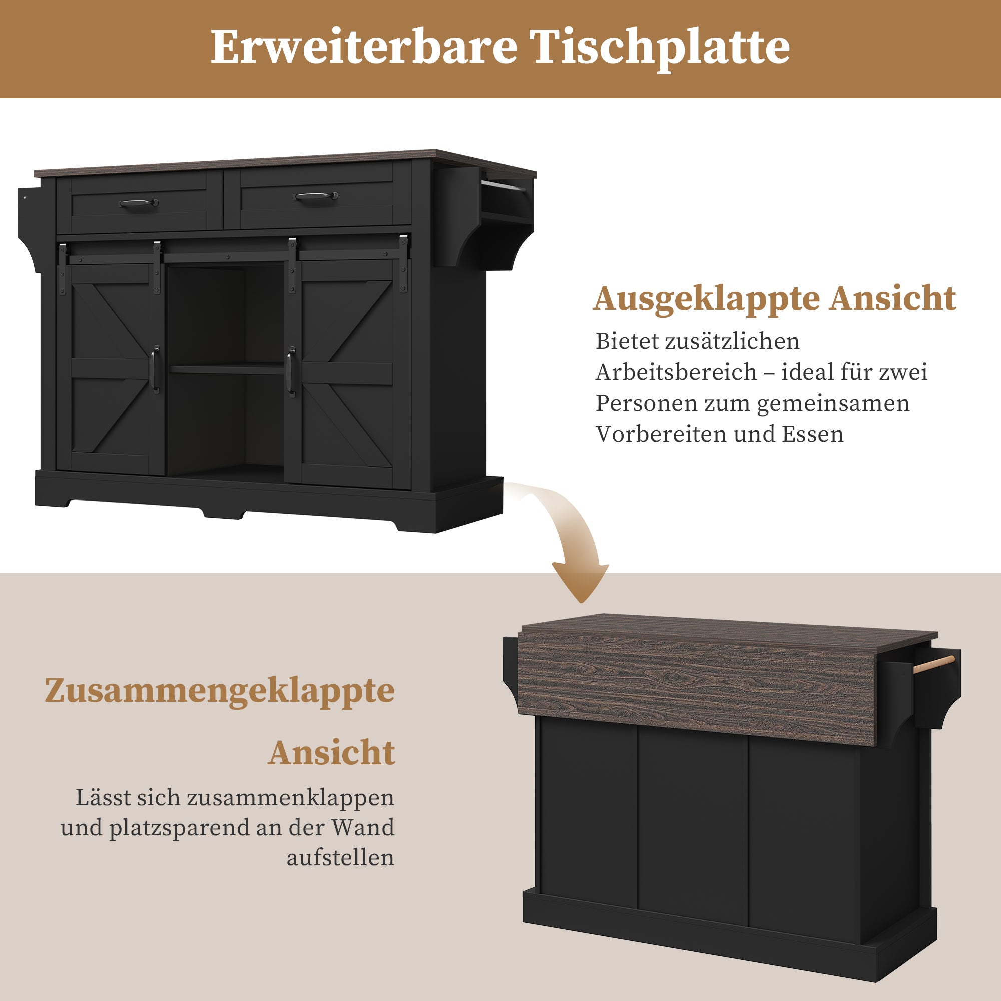 Kitchen Island with Fold-Down Worktop and Sliding Barn Doors, Black