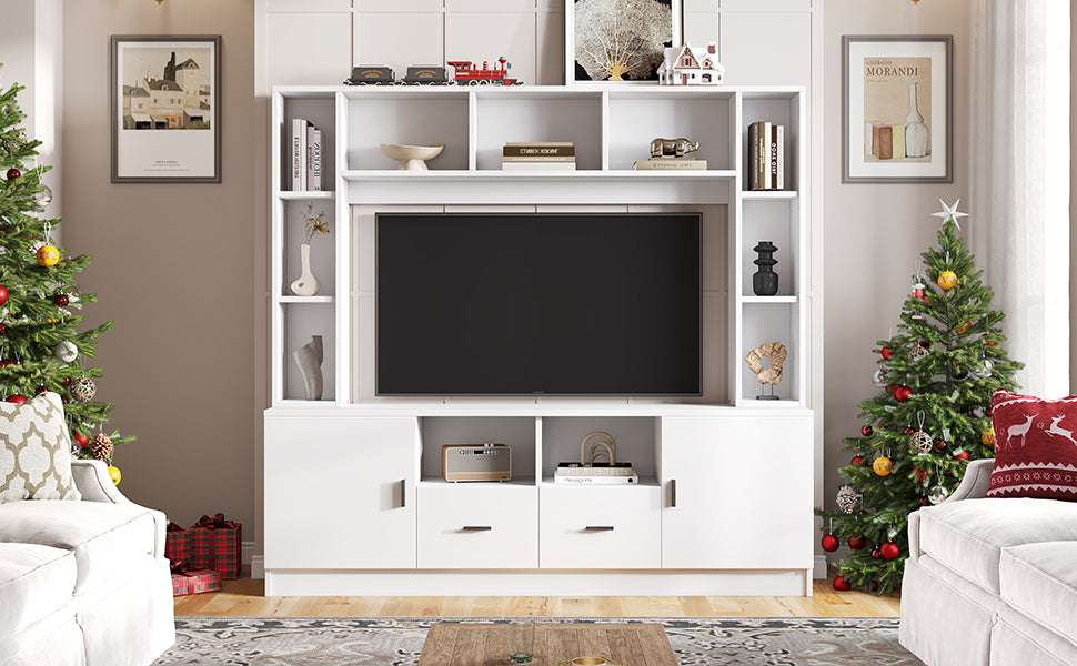 TV Wall Unit Set with Display Cabinet, Media Stand, Shelf, 2 Cabinets, 2 Drawers, for up to 60" TV, White