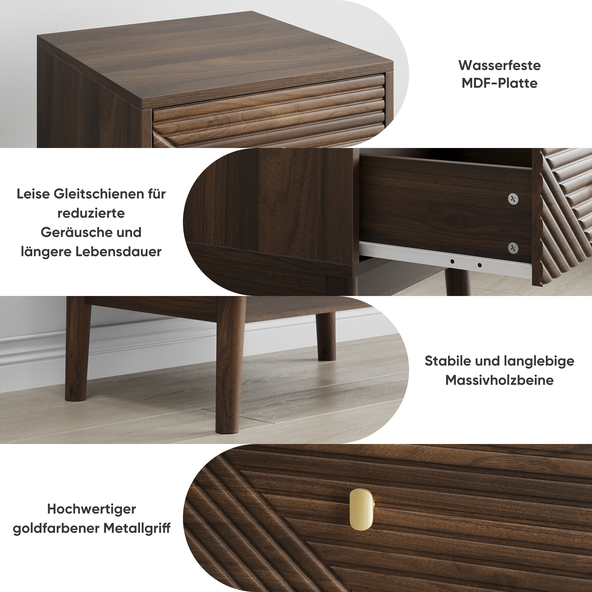 Mid-Century Modern Nightstand 2-Piece Set with Metal Handles - Walnut