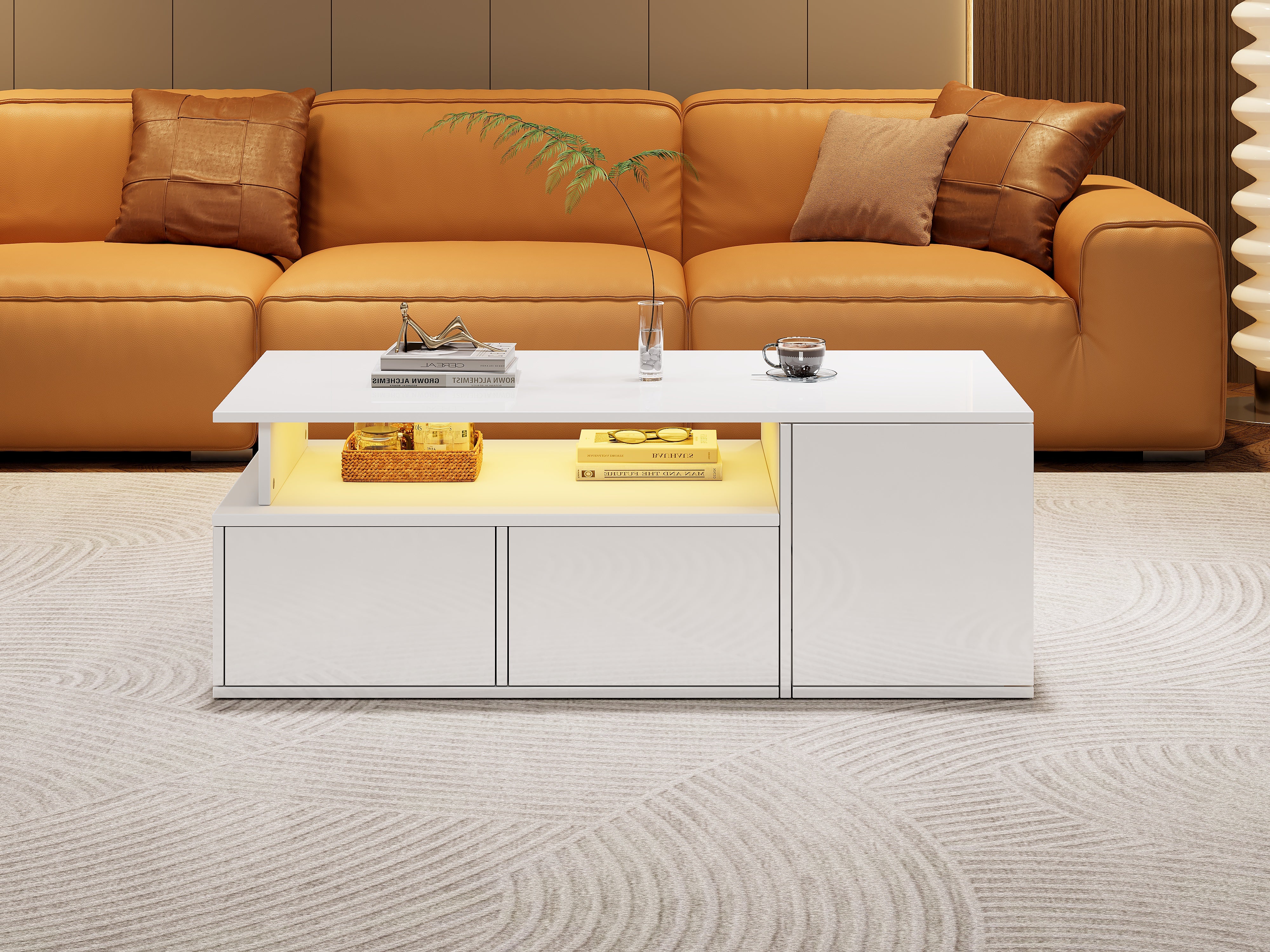 Coffee Table 100x50x35cm LED Lighting 2 Drawers, White