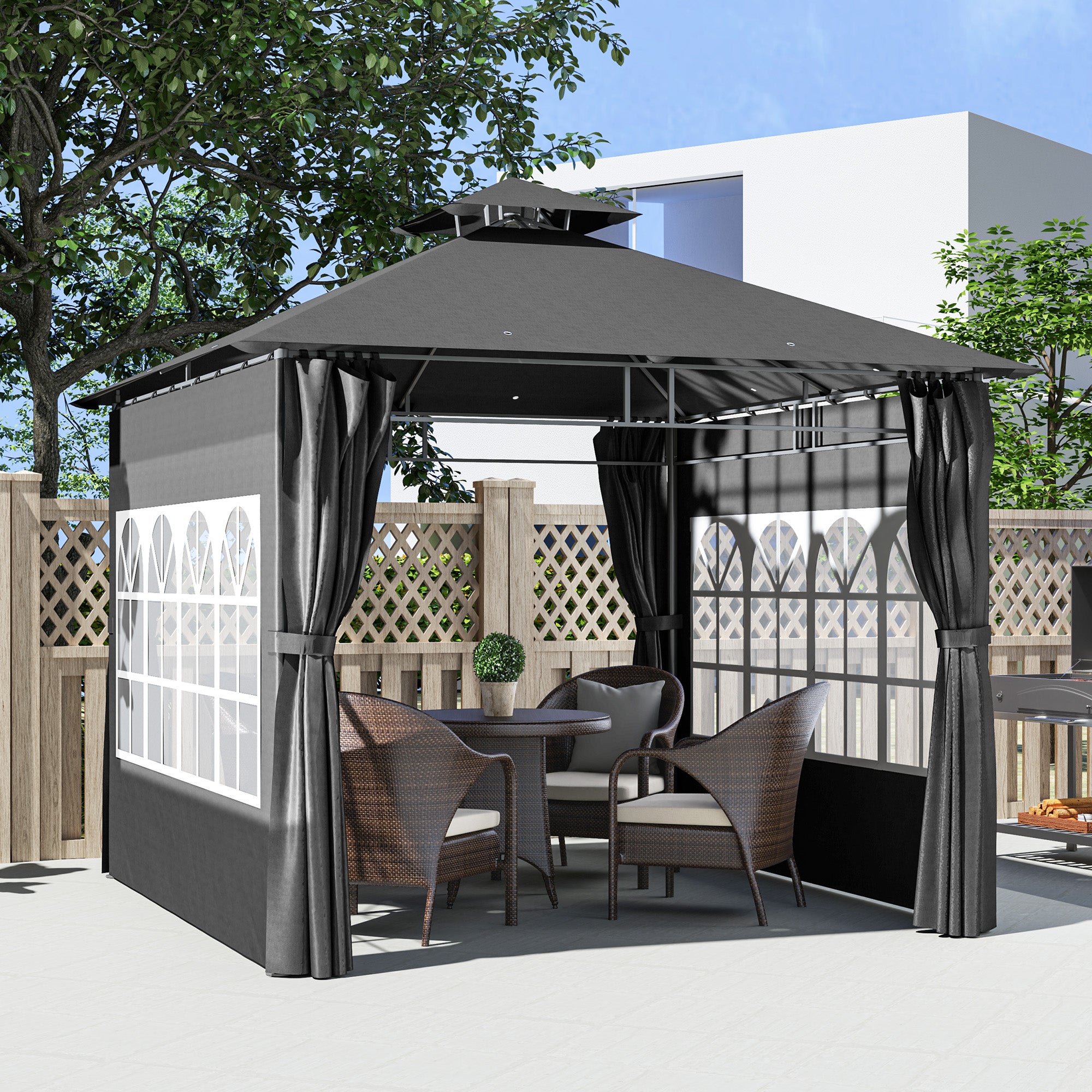 3 x 3 m Garden Gazebo, Double Roof with Removable Sidewalls and Church Windows, Dark Grey