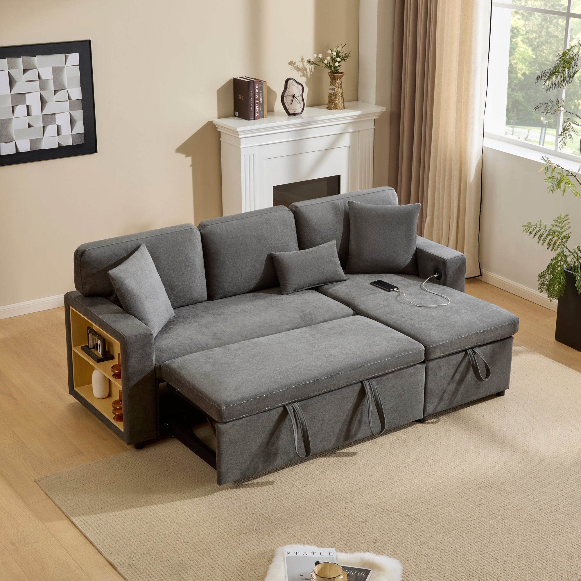 Corner Sofa Bed, L-Shaped Extendable with Storage & Shelf, Dark Grey