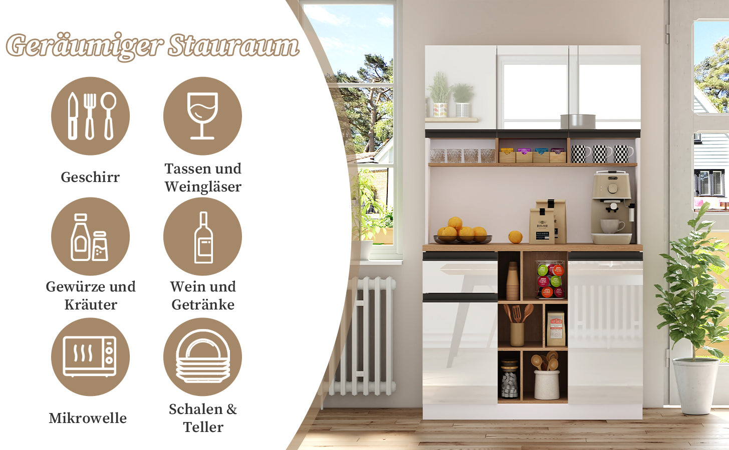 Modern Kitchen Cabinet with Drawers Adjustable Shelves Open Storage - White