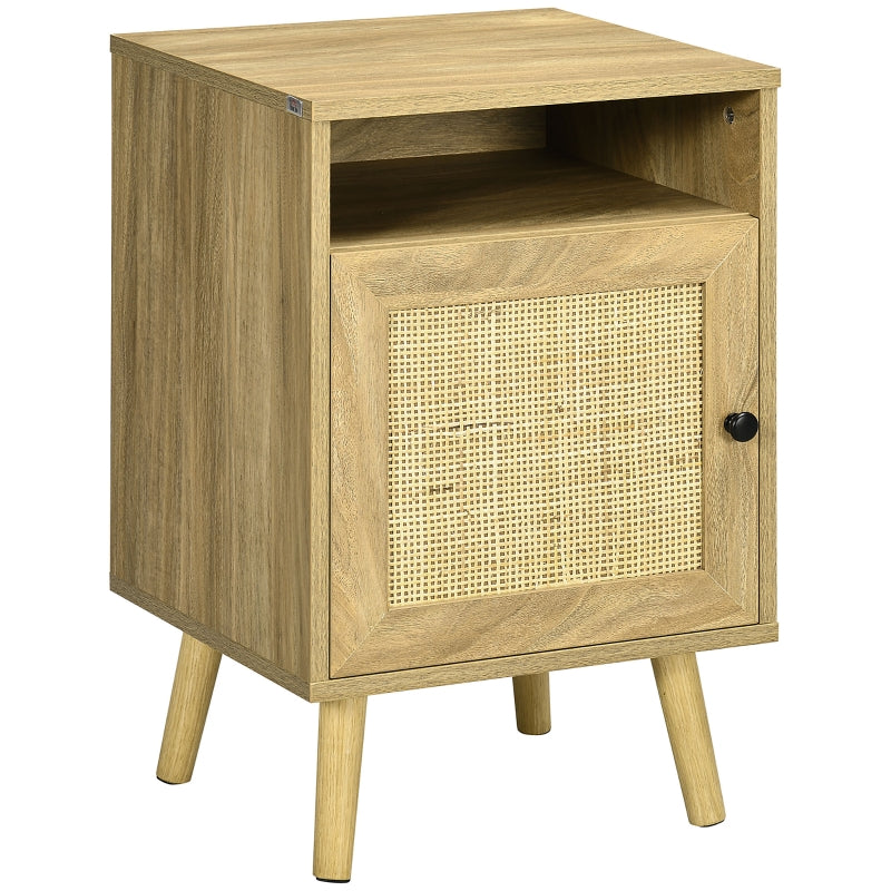 Bedside Table with Shelf and Cupboard, Rattan Element, Natural