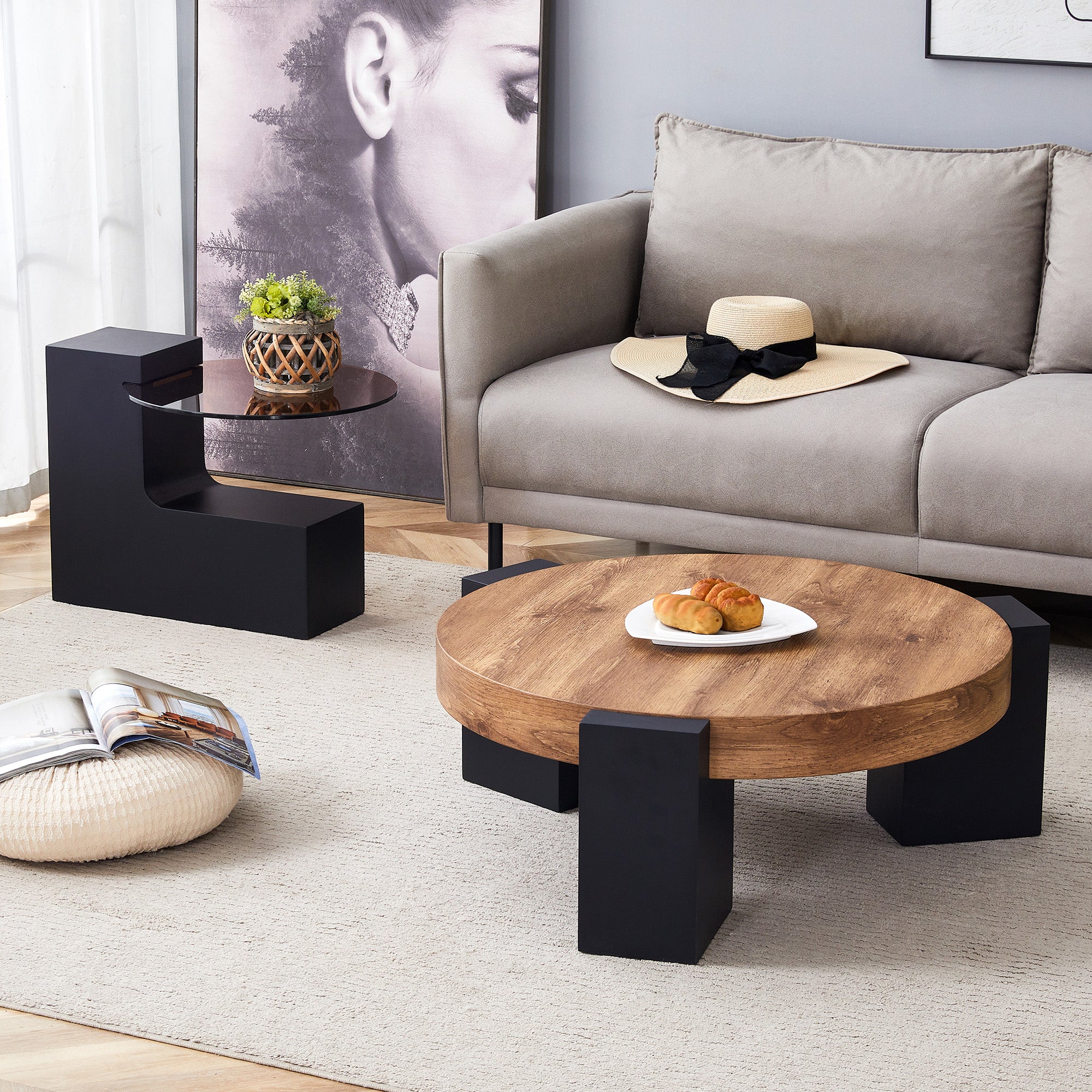 Round Coffee Table Two-Tier Detachable Transparent Brown Glass Top Black MDF Legs