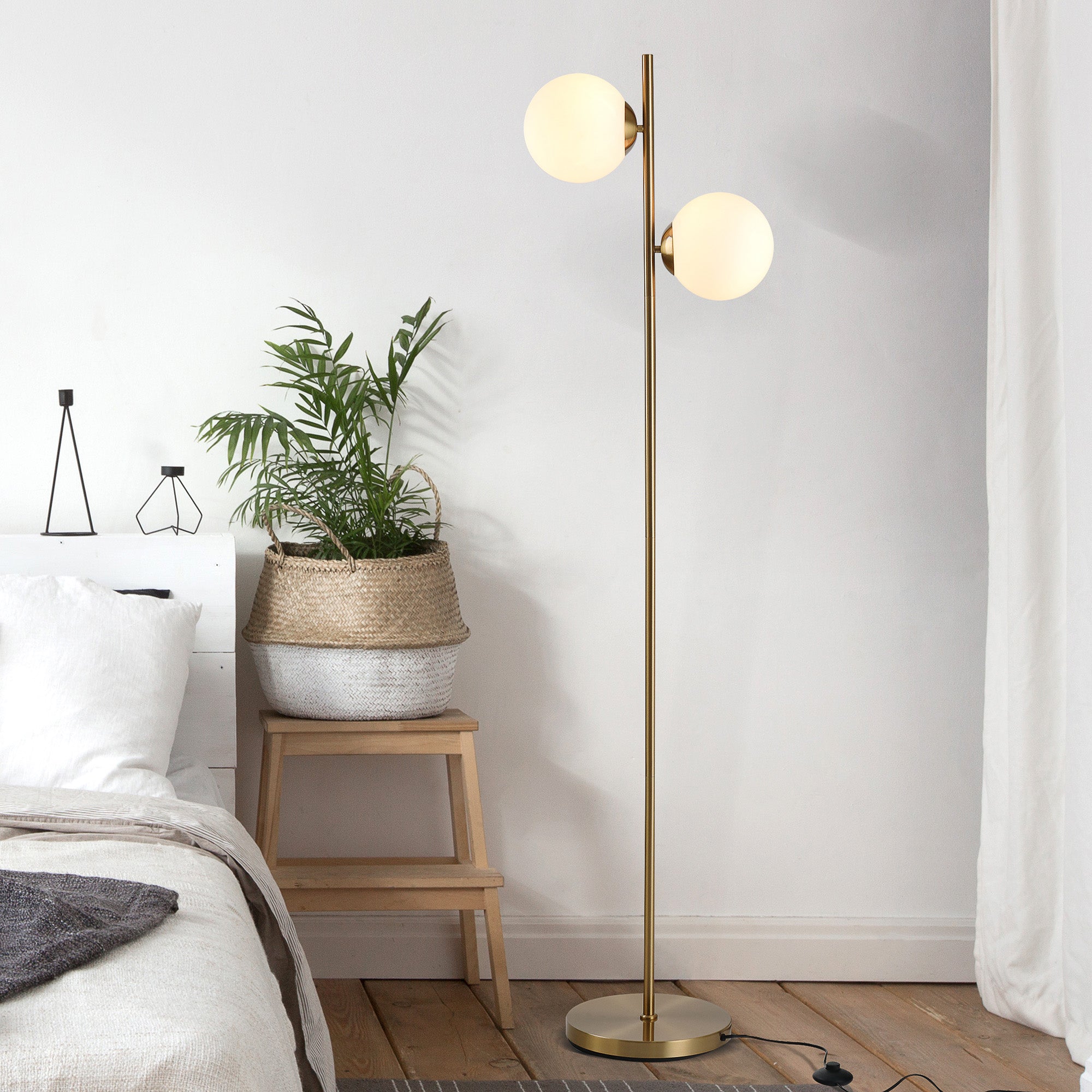 Floor Lamp 2-Piece, Glass Lampshade 165cm High, Gold and White